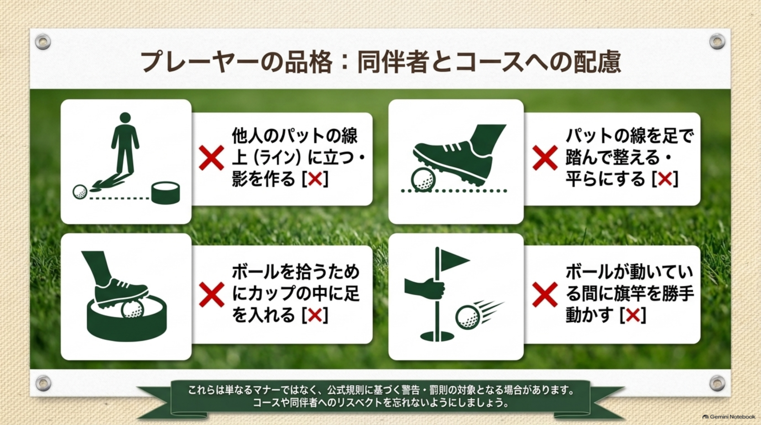 パットの線に立つ、線を踏んで整える、カップに足を入れる、旗竿を勝手に動かすという4つの禁止事項のアイコン