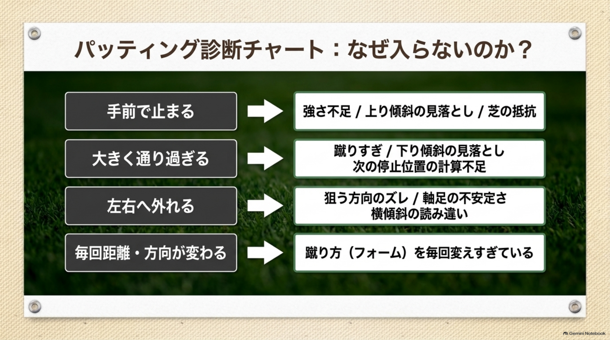 手前で止まる・大きく通り過ぎる・左右へ外れる・毎回距離や方向が変わるの4つの症状と確認ポイントのチャート