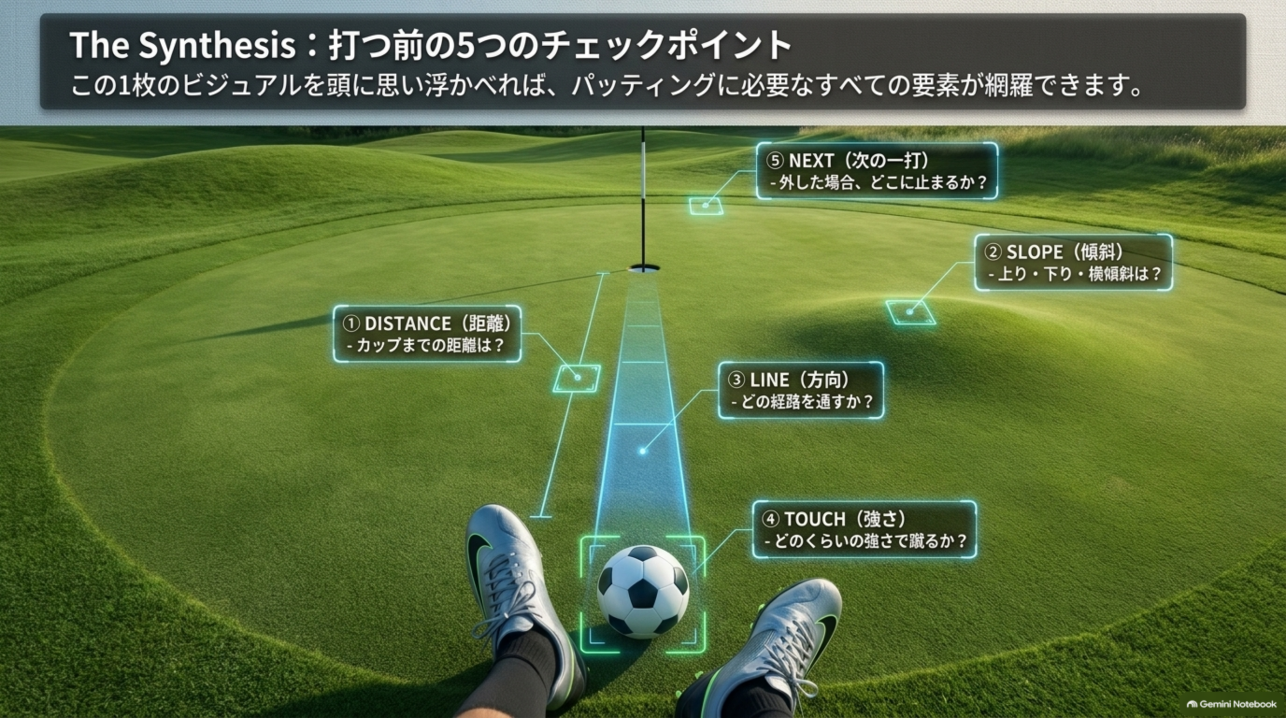 ボールの前に立った視点で、DISTANCE・SLOPE・LINE・TOUCH・NEXTの5つの確認項目を示した図