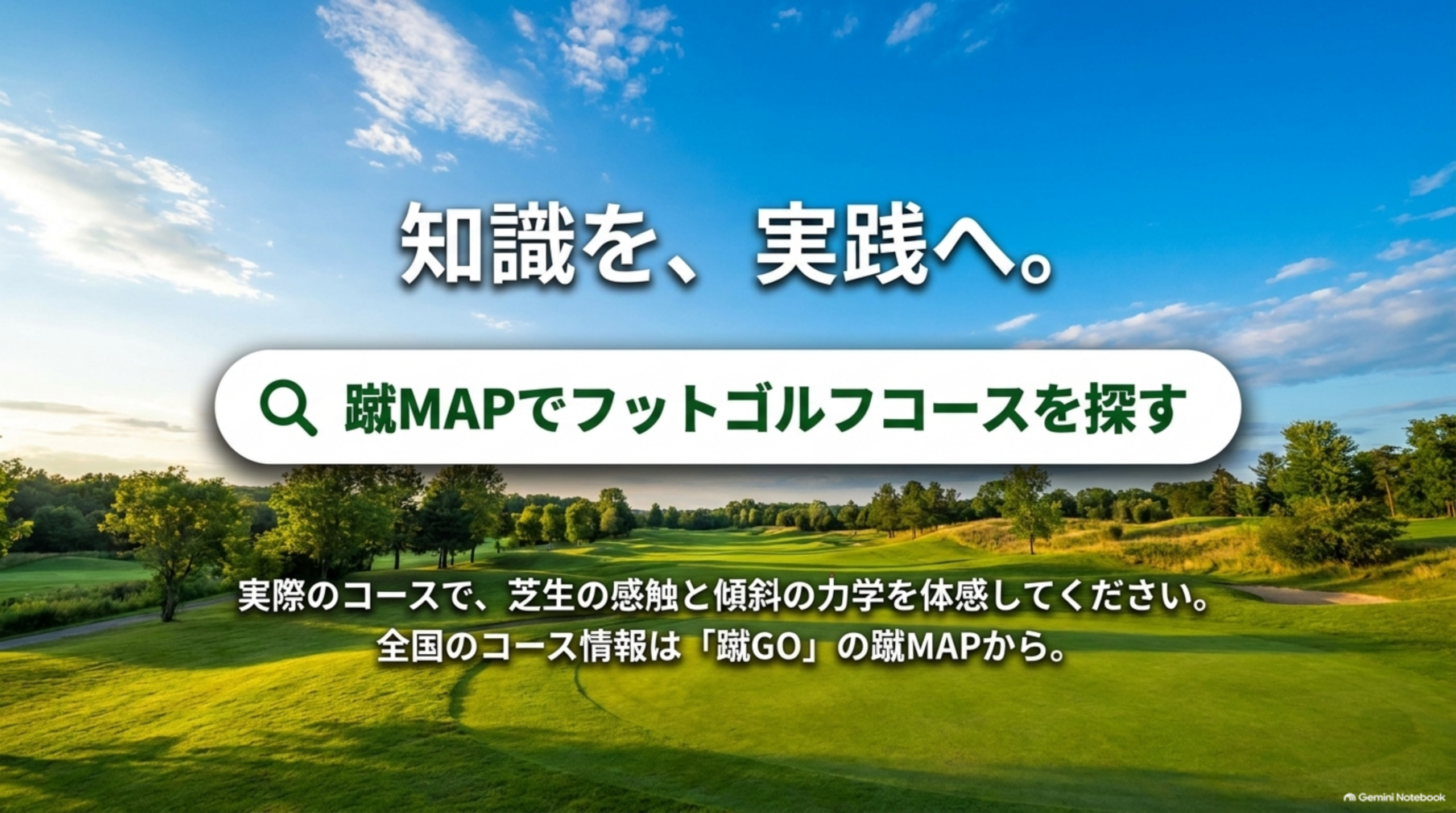 青空とフットゴルフコース、「知識を、実践へ。蹴MAPでフットゴルフコースを探す」の文字