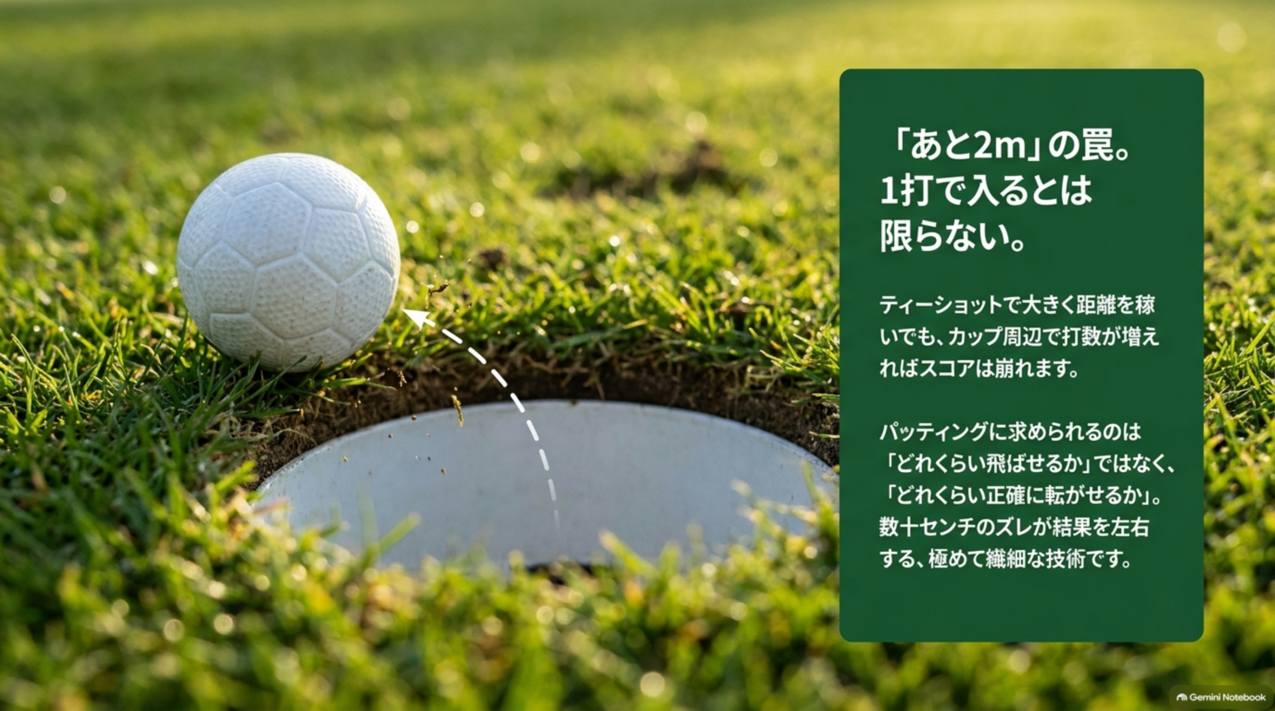 カップの縁の近くにあるボールと「あと2mの罠。1打で入るとは限らない」の文字