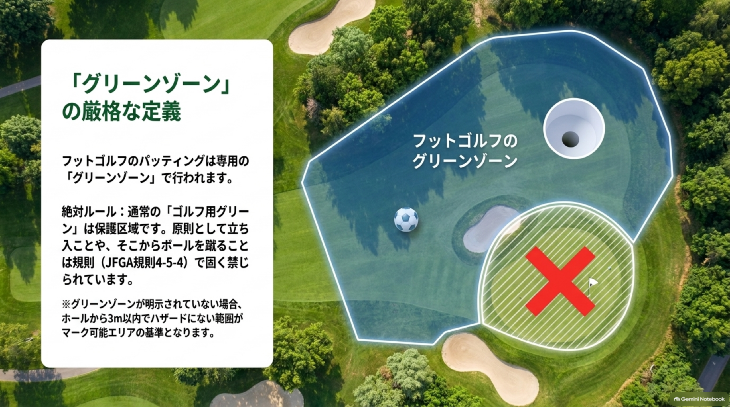 上空から見たコースで、フットゴルフのグリーンゾーンとゴルフ用グリーンを区別した図