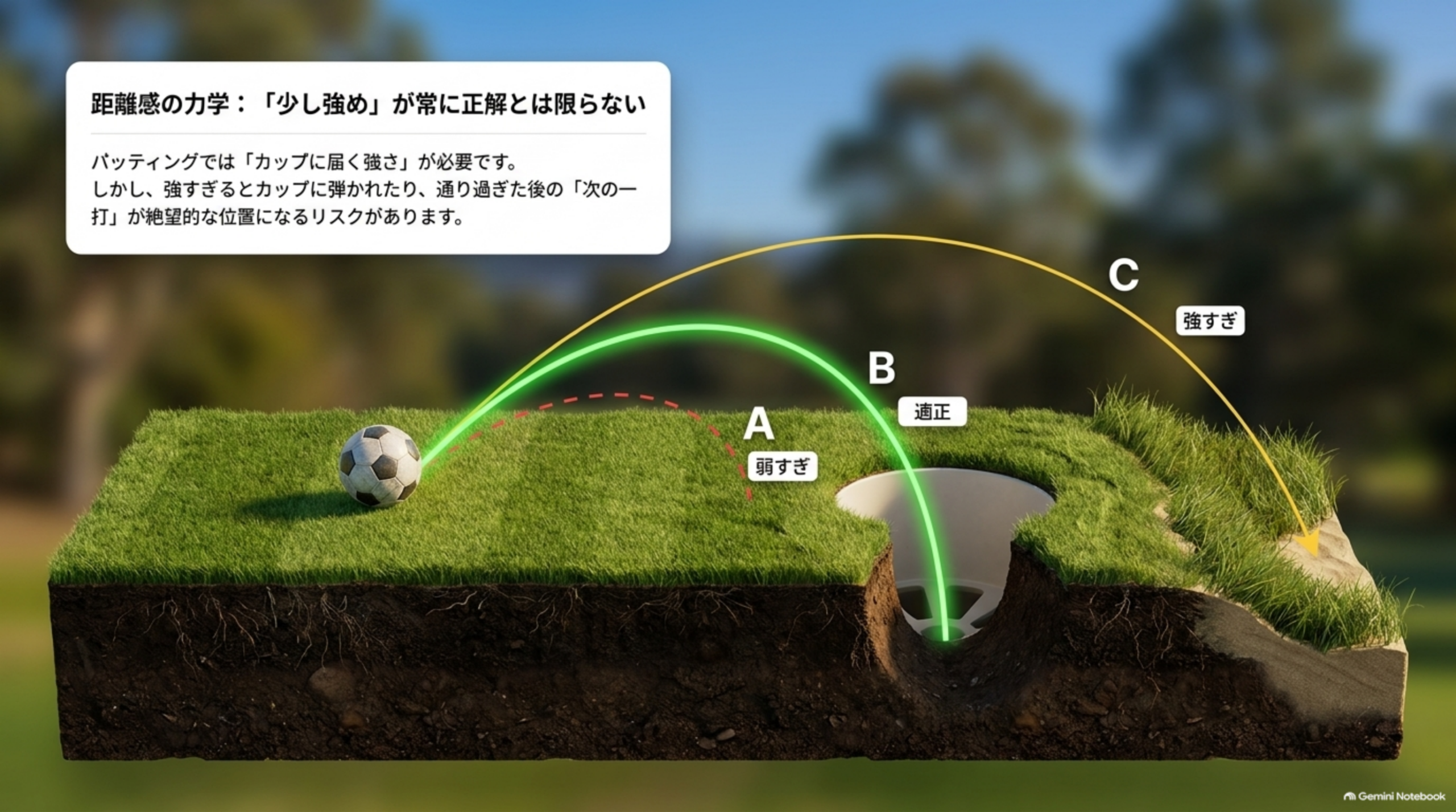 弱すぎ・適正・強すぎの3つの強さでボールがカップへ向かう様子を断面で示した図