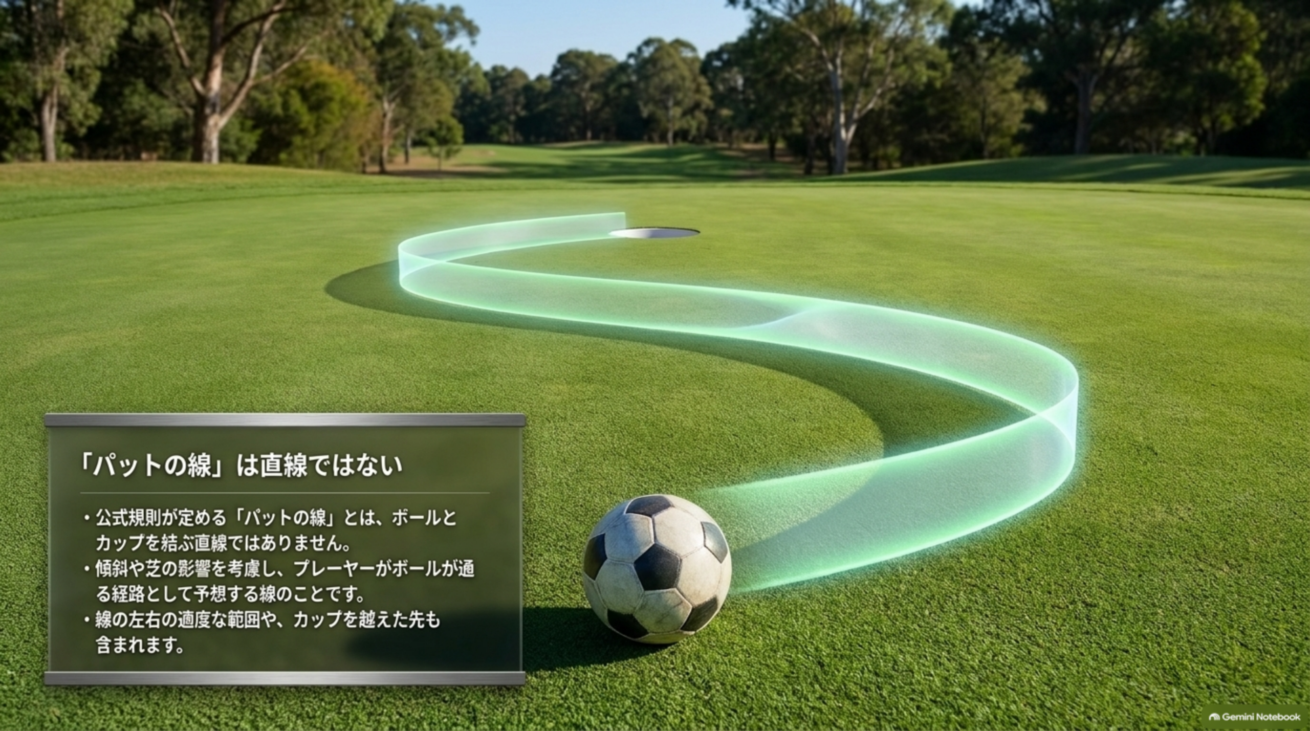 ボールからカップへ曲がりながら向かう帯状のラインを芝の上に描いた図