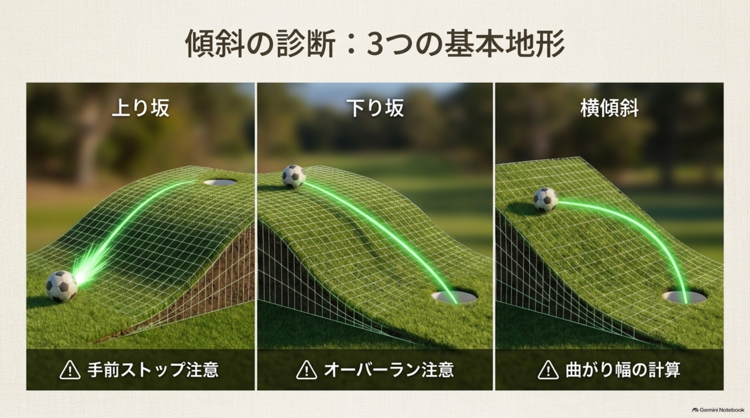 上り坂・下り坂・横傾斜の3つの地形でボールがカップへ向かう軌道を示した図