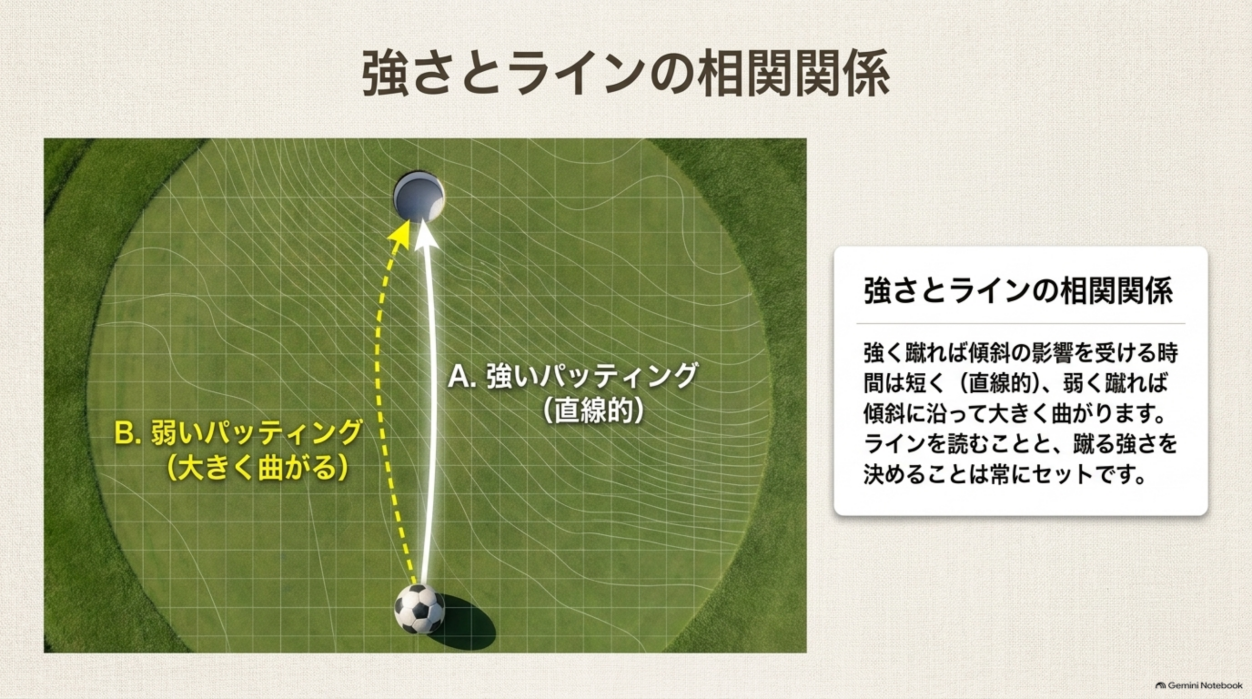 上空から見たグリーンで、強いパッティングと弱いパッティングの軌道の違いを示した図