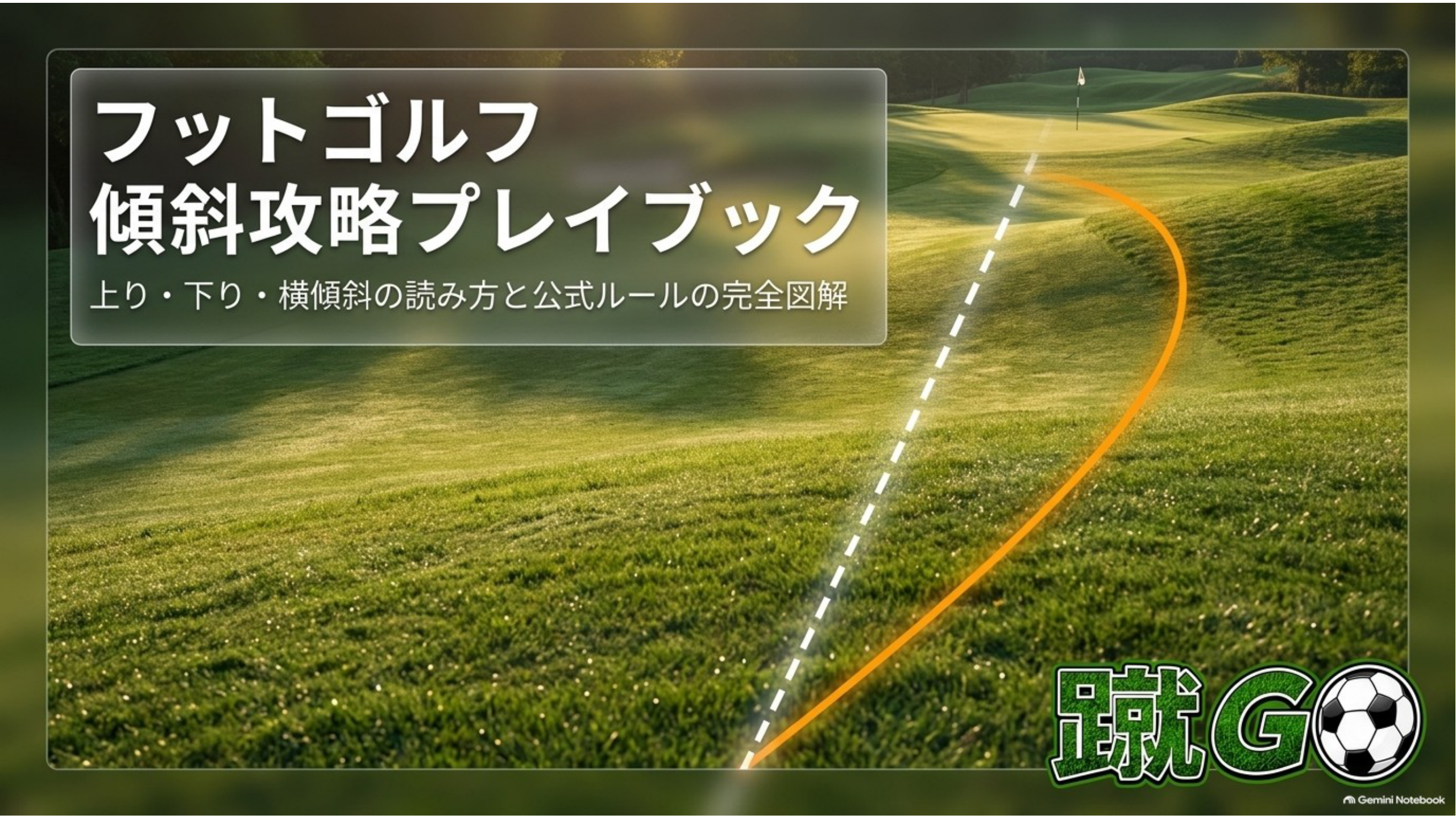 起伏のある芝生のコースに、真っすぐの白い点線と曲がるオレンジの線が描かれた「フットゴルフ傾斜攻略プレイブック」の画像