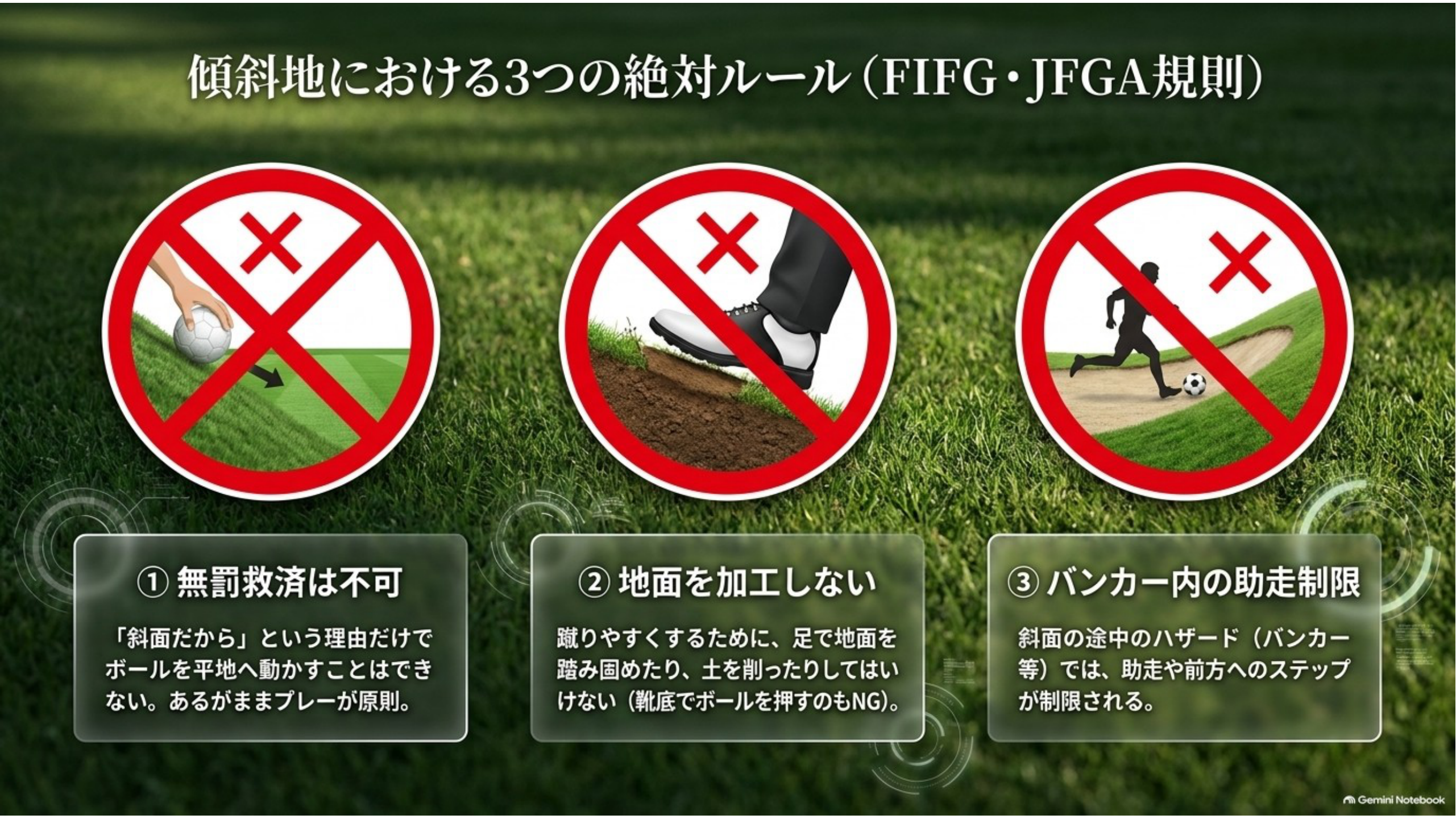 無罰救済は不可・地面を加工しない・バンカー内の助走制限の3つのルールを禁止マークで示した図