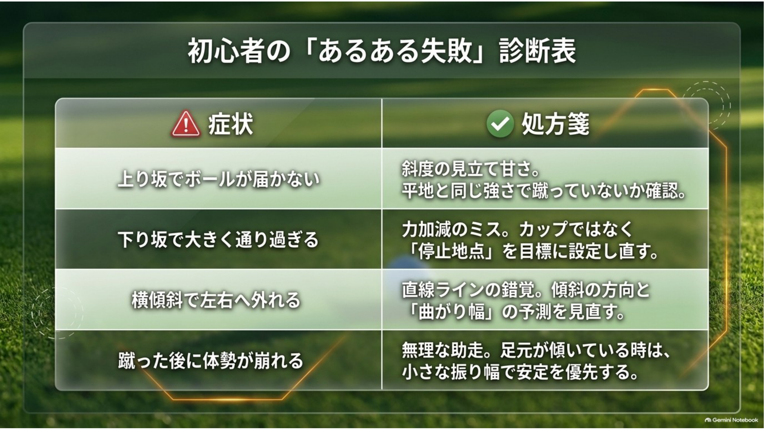 上り坂で届かない・下り坂で通り過ぎる・横傾斜で外れる・体勢が崩れるの4つの症状と見直し方の表