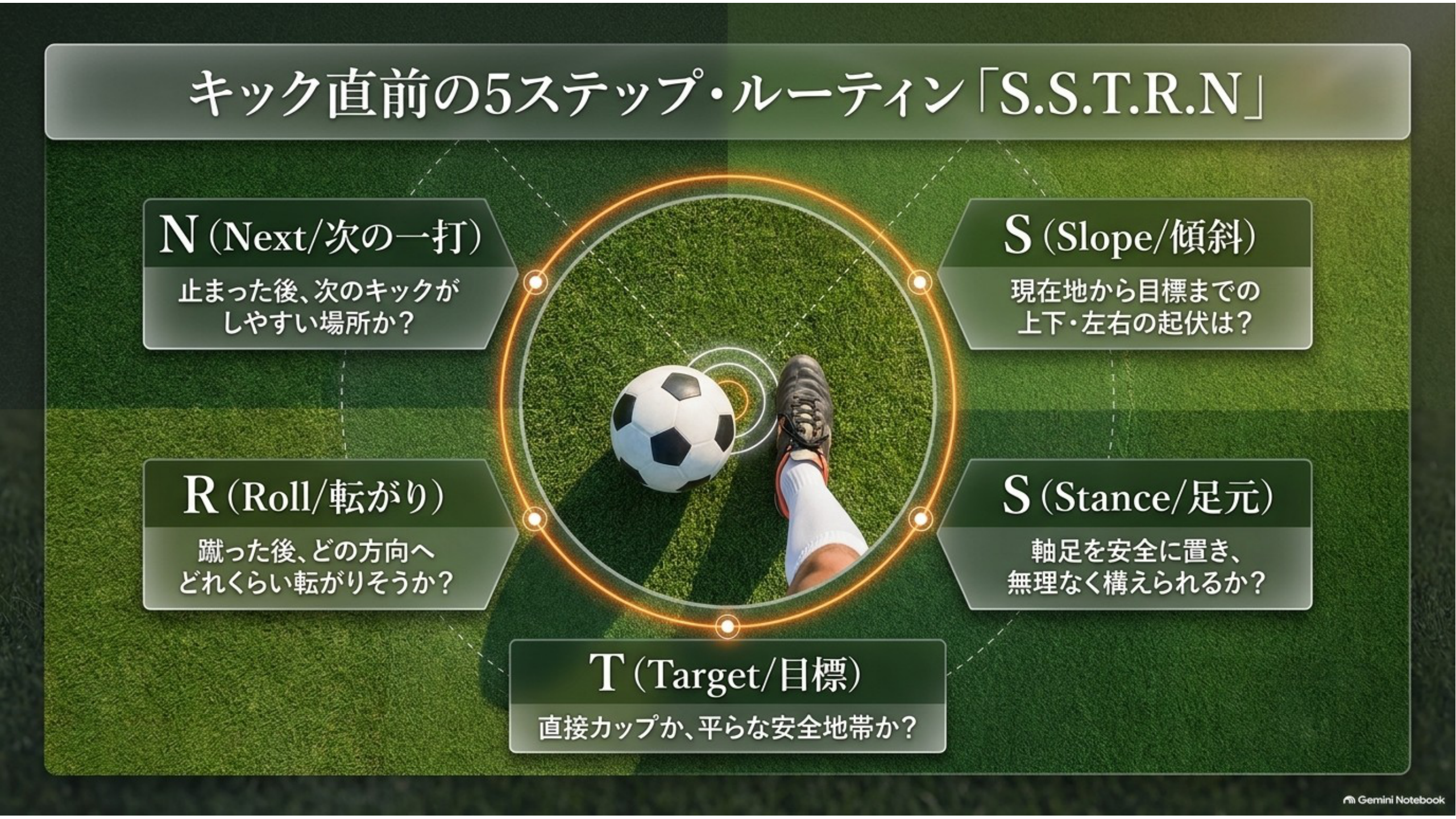 Slope・Stance・Target・Roll・Nextの5項目をボールの周りに配置したキック前ルーティンの図