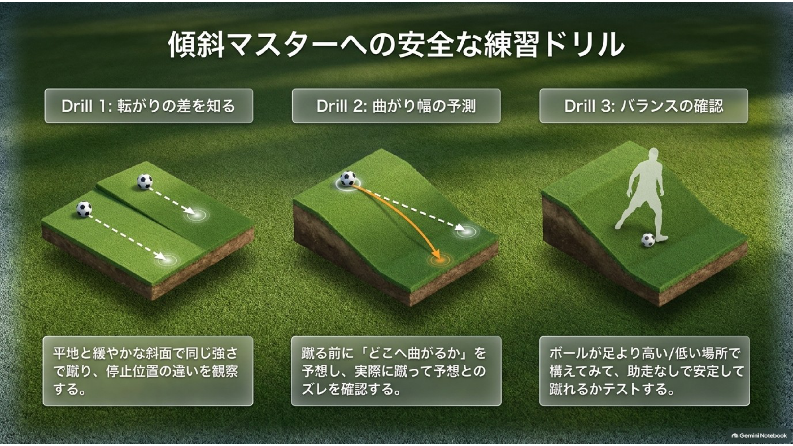 平地と斜面の転がりの比較、曲がり幅の予測、斜面でのバランス確認の3つの練習を立体図で示した図