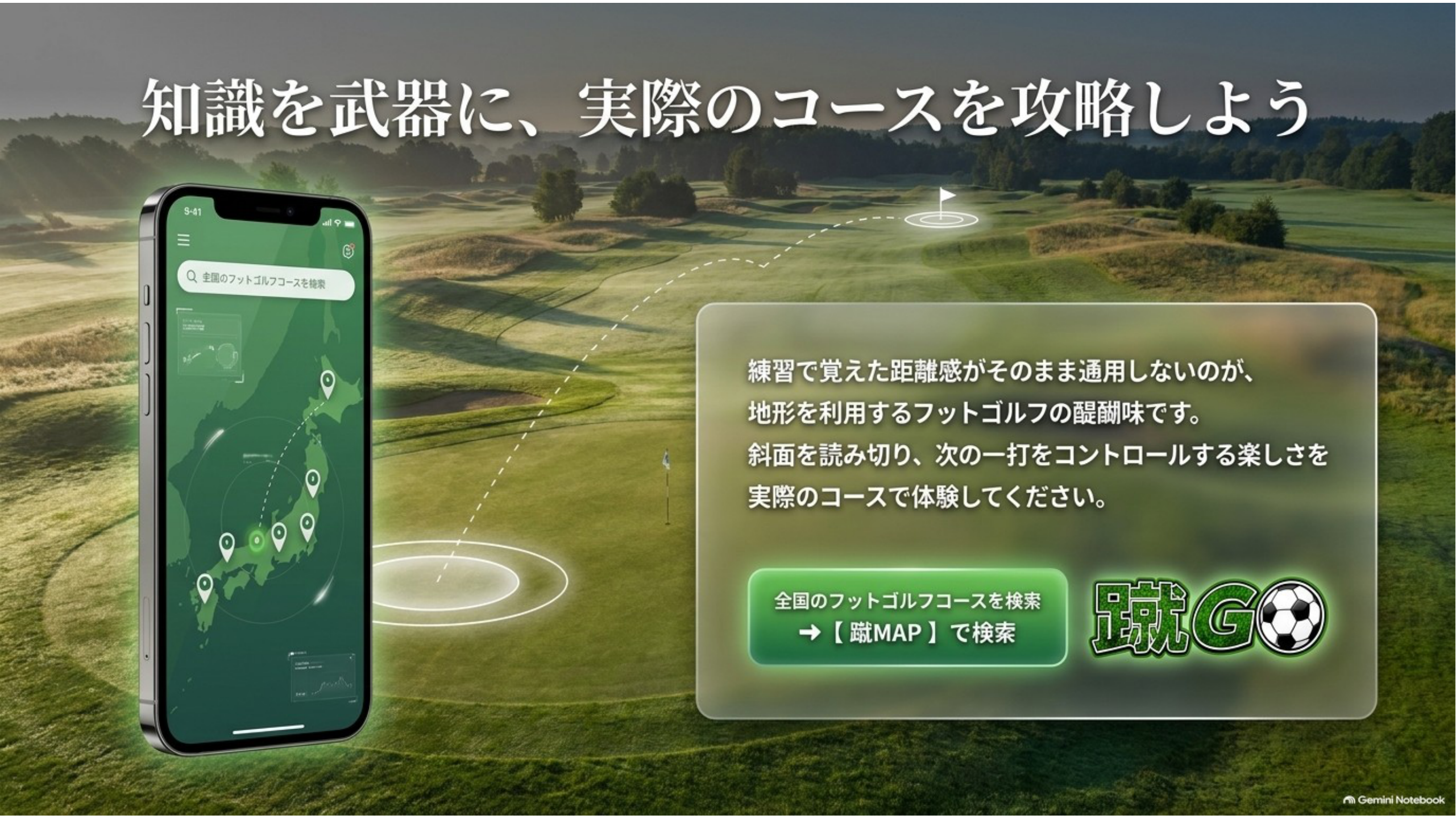 起伏のあるフットゴルフコースとスマートフォンの地図画面、「知識を武器に、実際のコースを攻略しよう」の文字