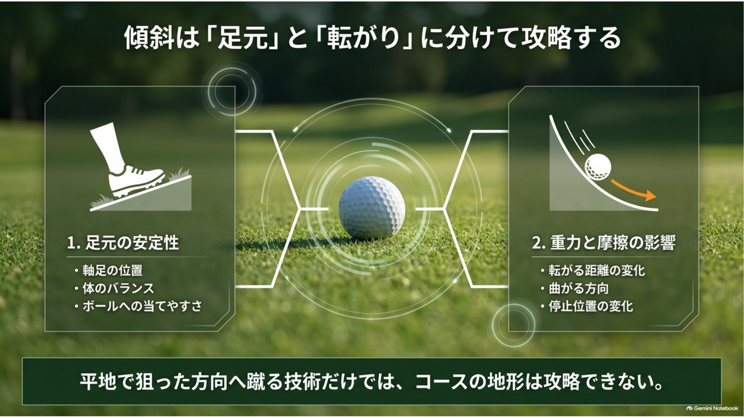「足元の安定性」と「重力と摩擦の影響」の2つに分けて傾斜を考えることを示した図