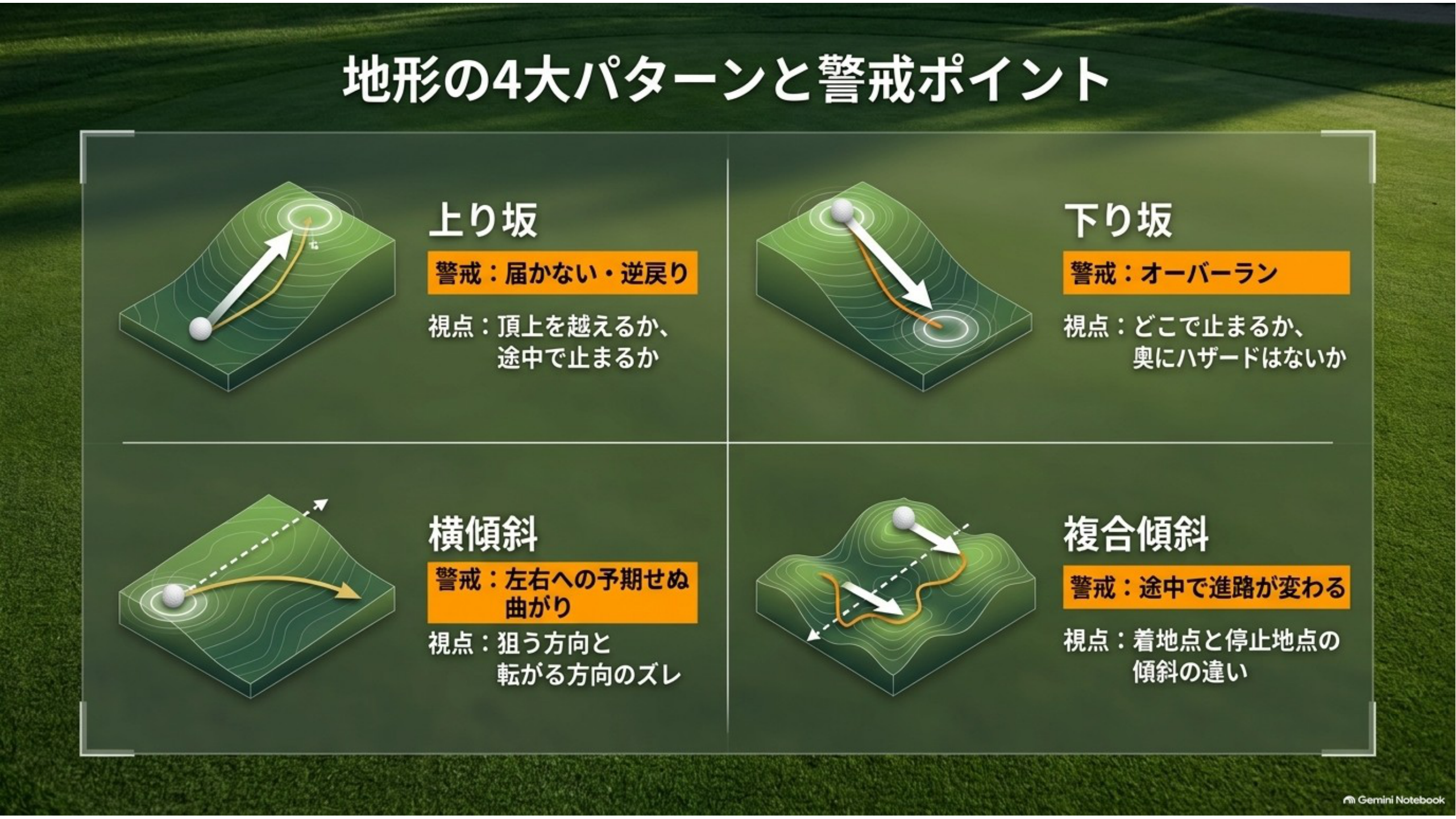 上り坂・下り坂・横傾斜・複合傾斜の4つの地形と注意点を立体図で示した図