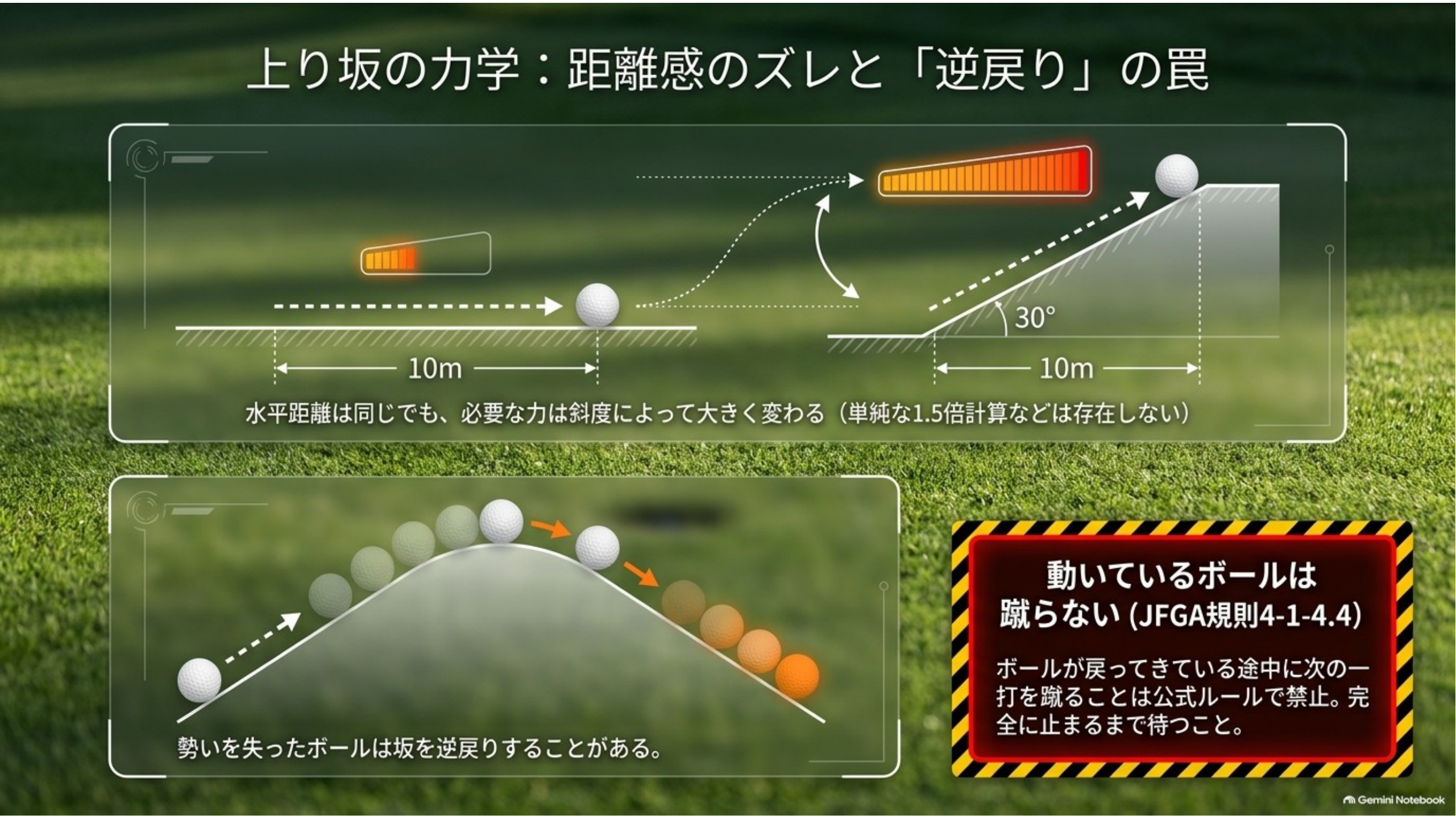 平地と上り坂の10mを比較した図と、坂を逆戻りするボールの図