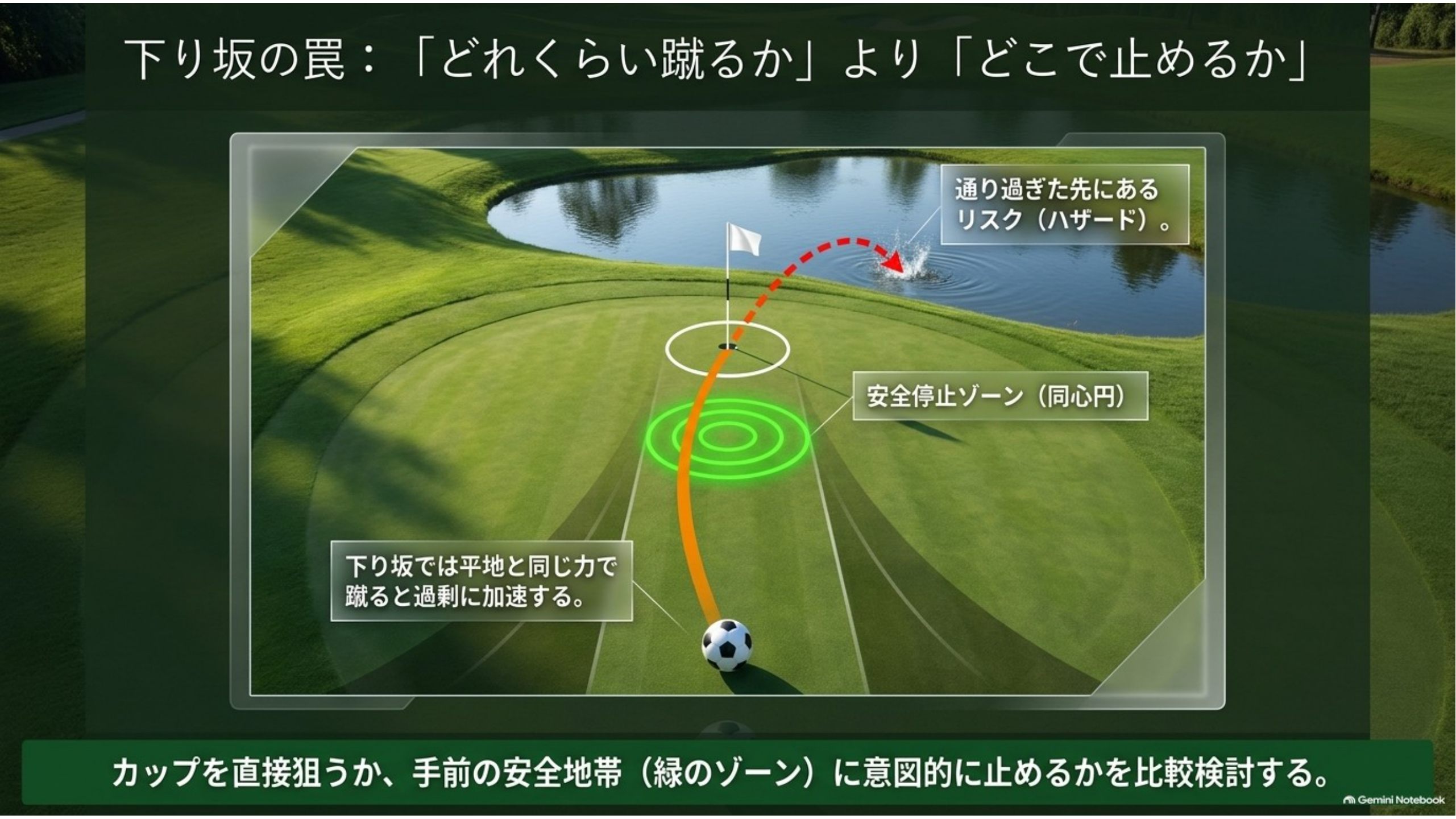 下り坂のカップの奥に池があり、手前の安全なゾーンに止める選択を示した図