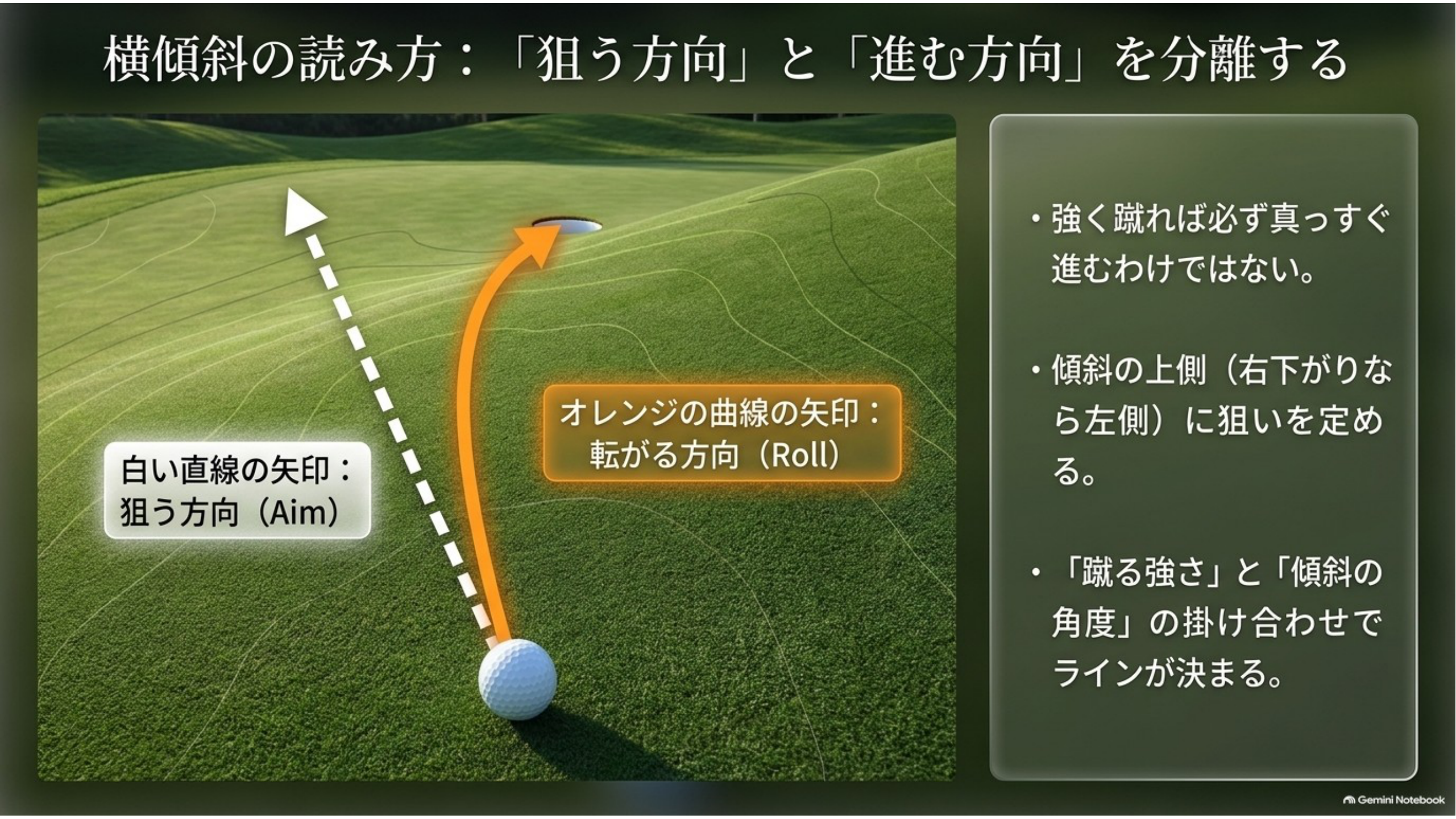 横傾斜の芝の上で、白い点線の狙う方向とオレンジの曲線の転がる方向を示した図