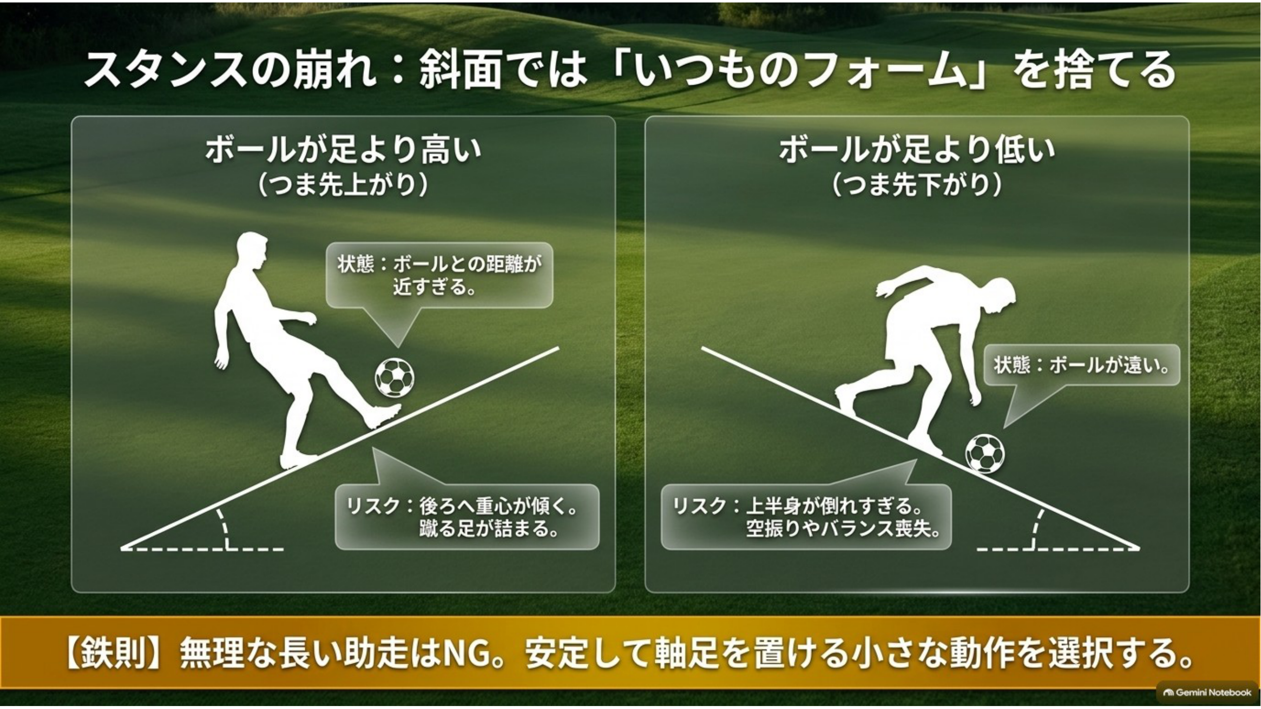 斜面でボールが足より高い場合と低い場合のキックの姿勢をシルエットで比較した図