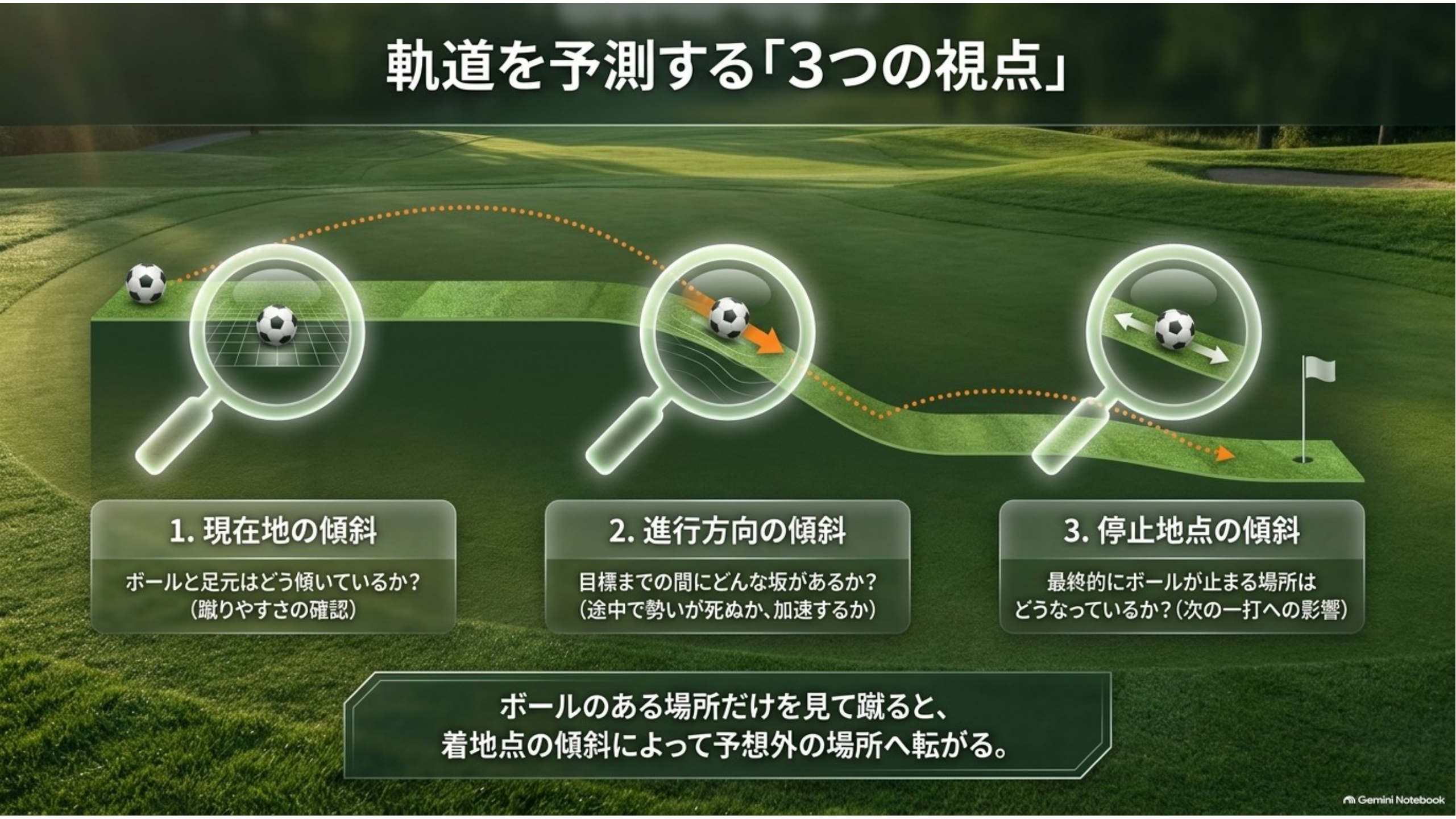 現在地・進行方向・停止地点の3つの傾斜を虫眼鏡で確認する図