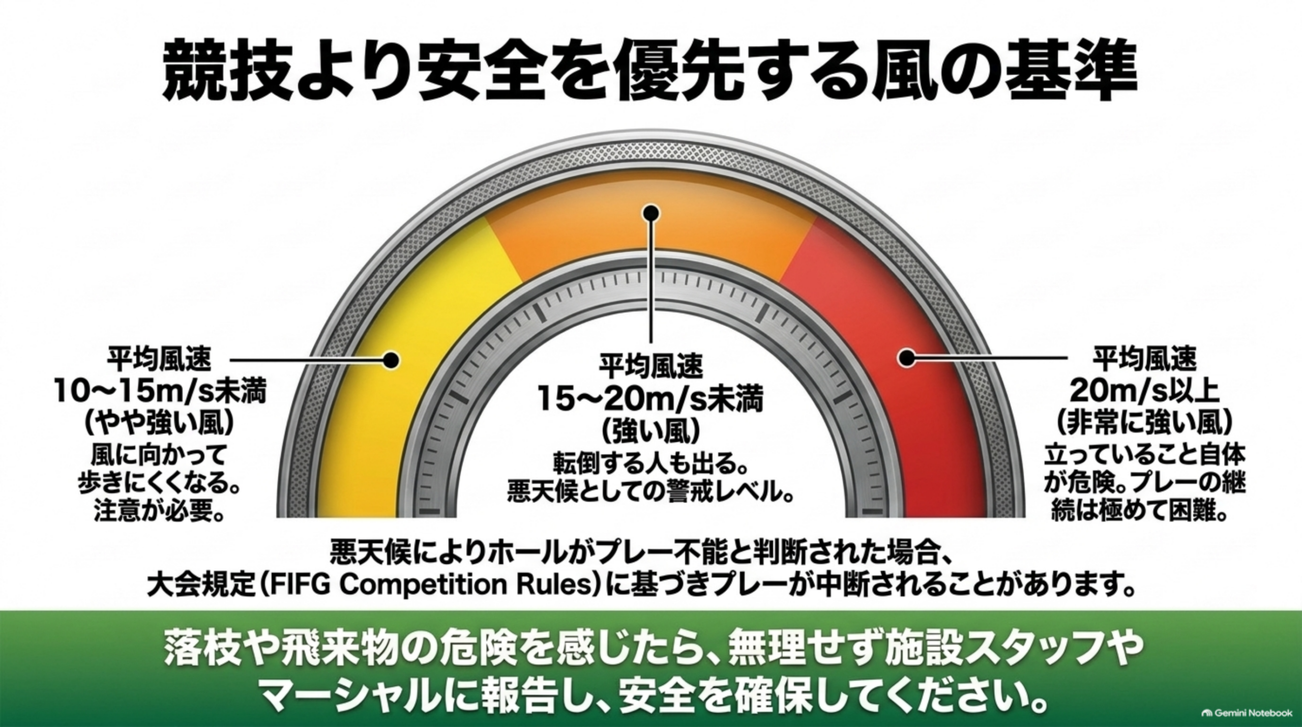 気象庁の平均風速の区分を、黄色・オレンジ・赤のメーターで示した図