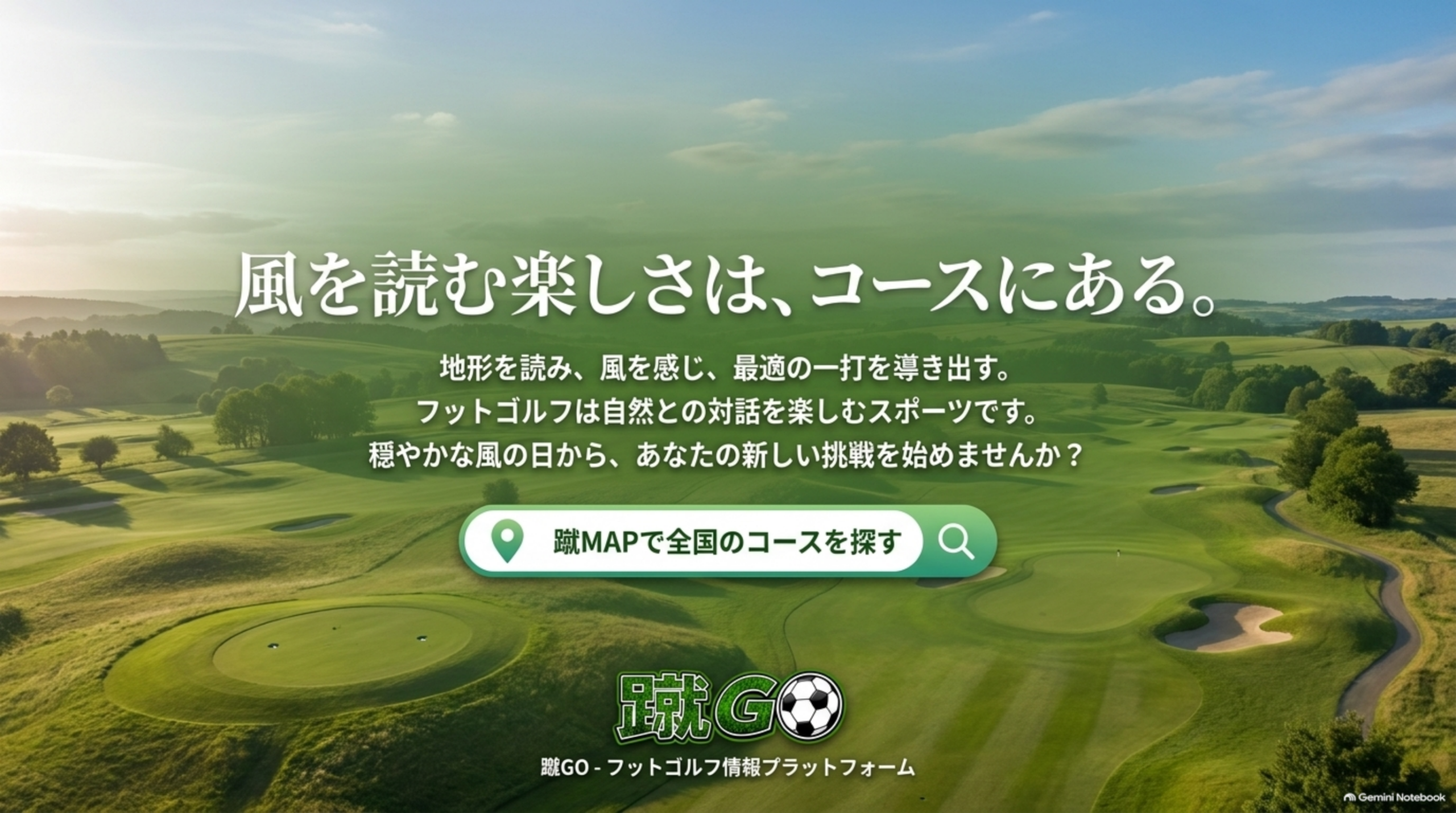 起伏のあるフットゴルフコースの風景と「風を読む楽しさは、コースにある。」の文字