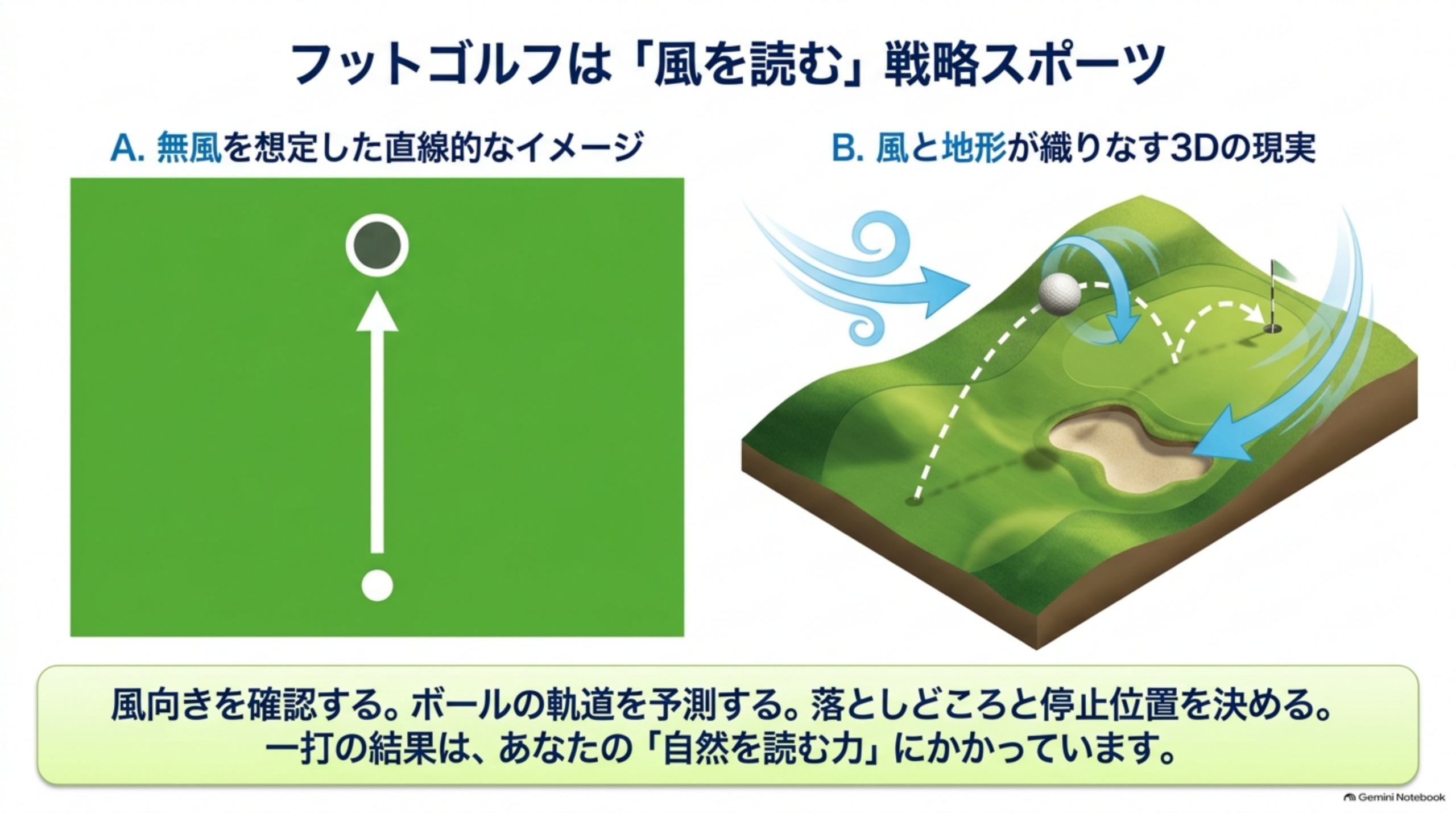無風を想定した直線的なイメージと、風と地形を考えた立体的なコースのイメージを比較した図