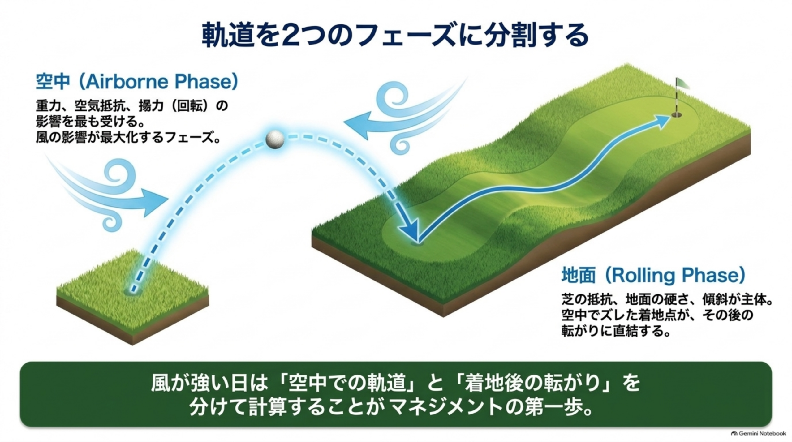 空中のフェーズと地面のフェーズに分けてボールの軌道を示した図