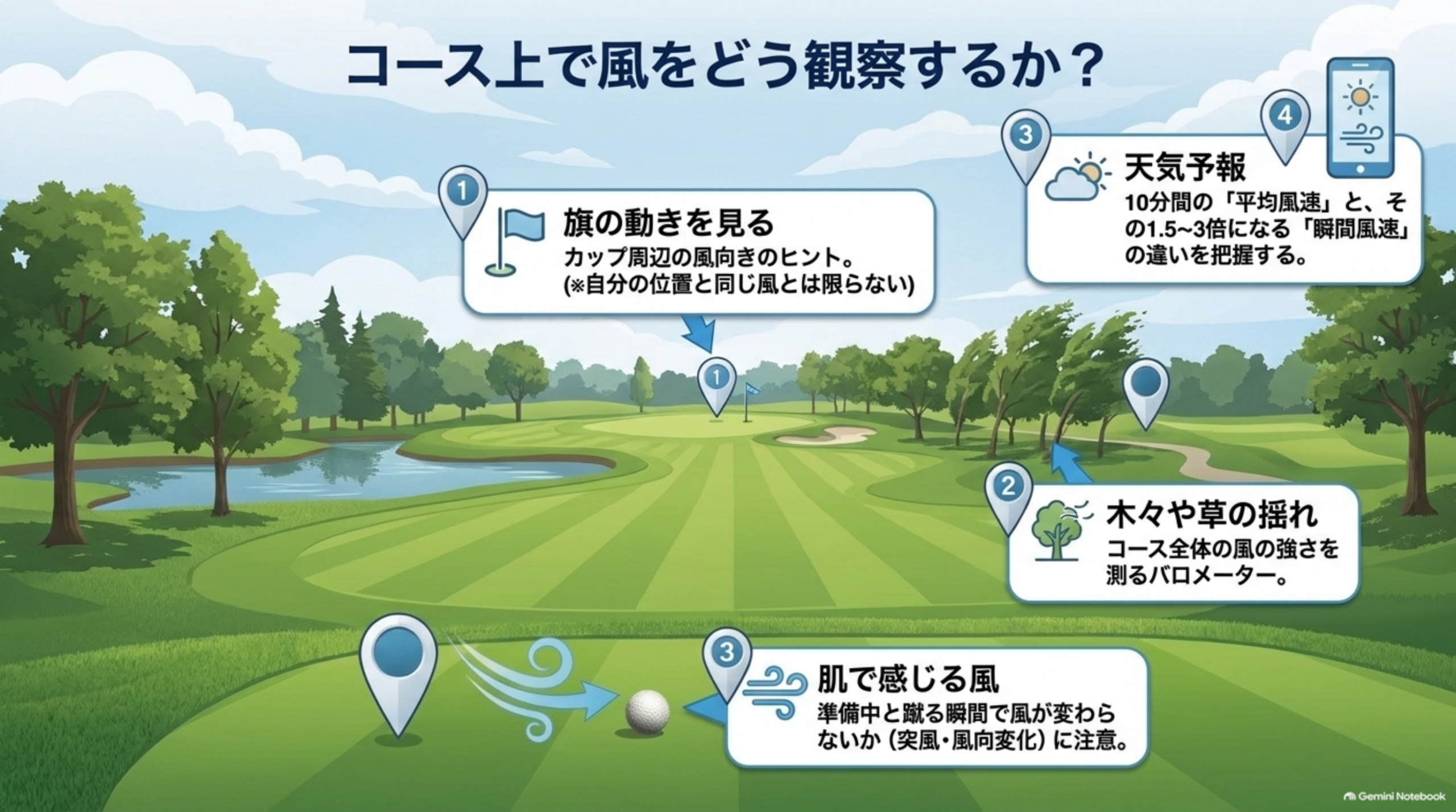コース上で旗の動き・木々や草の揺れ・肌で感じる風・天気予報から風を観察する方法を示した図