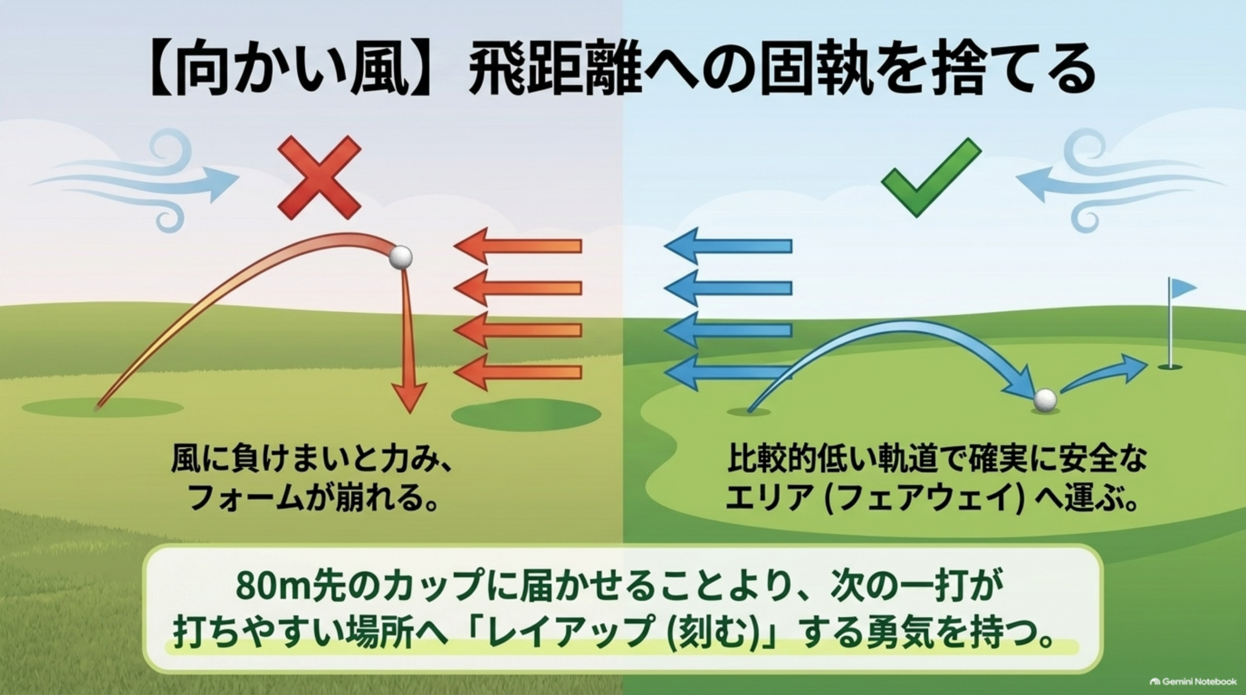 向かい風で力んでボールが手前に落ちる例と、低い軌道で安全なフェアウェイへ運ぶ例を比較した図