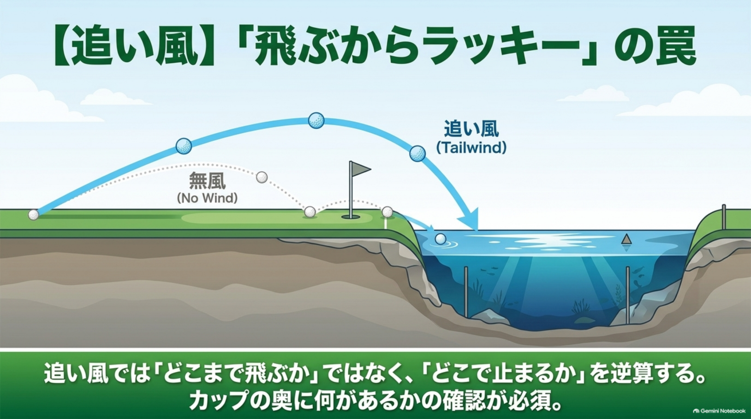 無風と追い風の軌道を比較し、追い風でカップの奥の池へ届く可能性を示した断面図