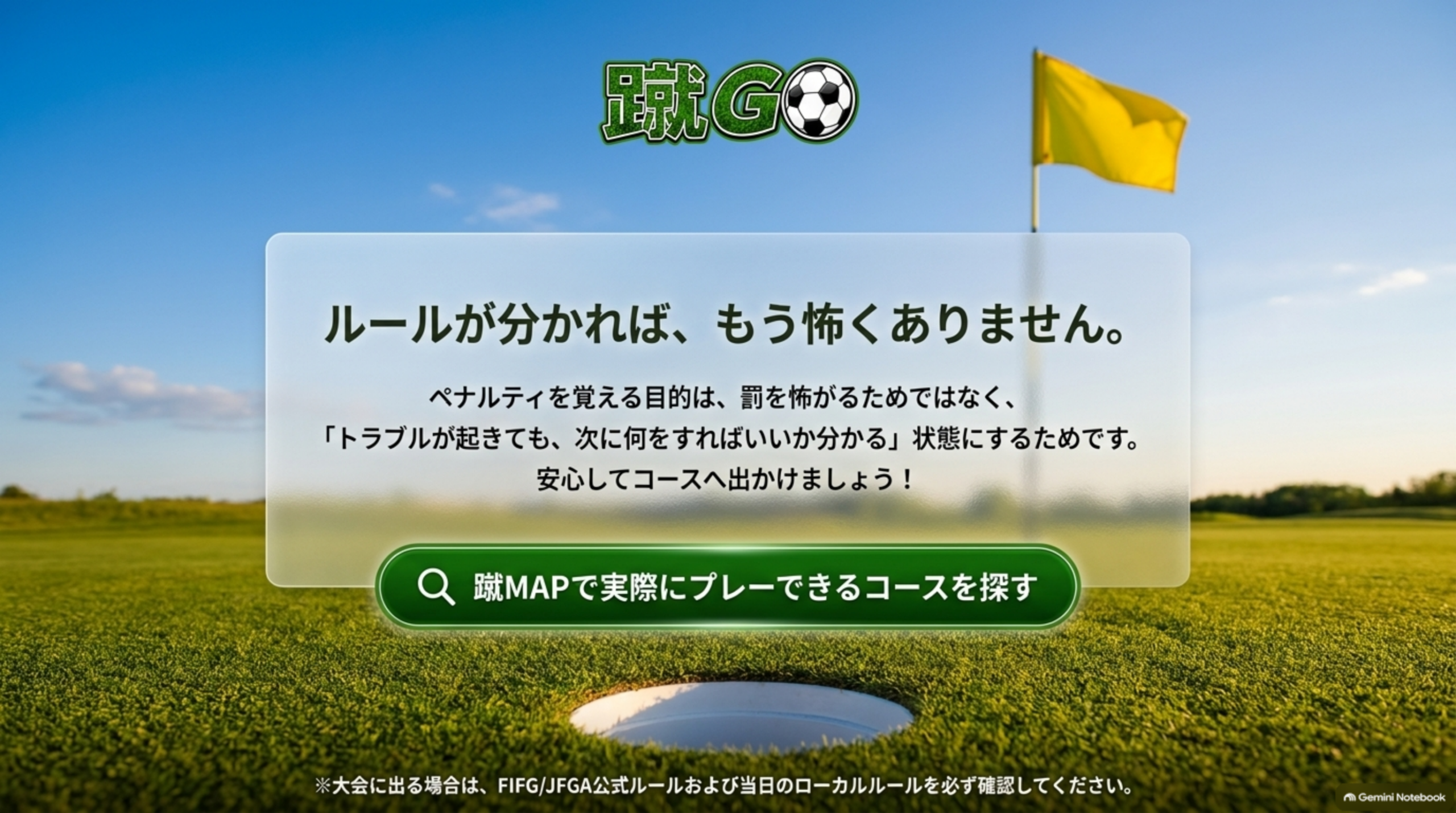 ルールが分かれば、もう怖くありません。ペナルティを覚える目的は罰を怖がるためではなく、トラブルが起きても次に何をすればいいか分かる状態にするためです。蹴MAPで実際にプレーできるフットゴルフコースを探すというCTA画像。大会に出る場合はFIFG/JFGA公式ルールおよび当日のローカルルールを必ず確認してください