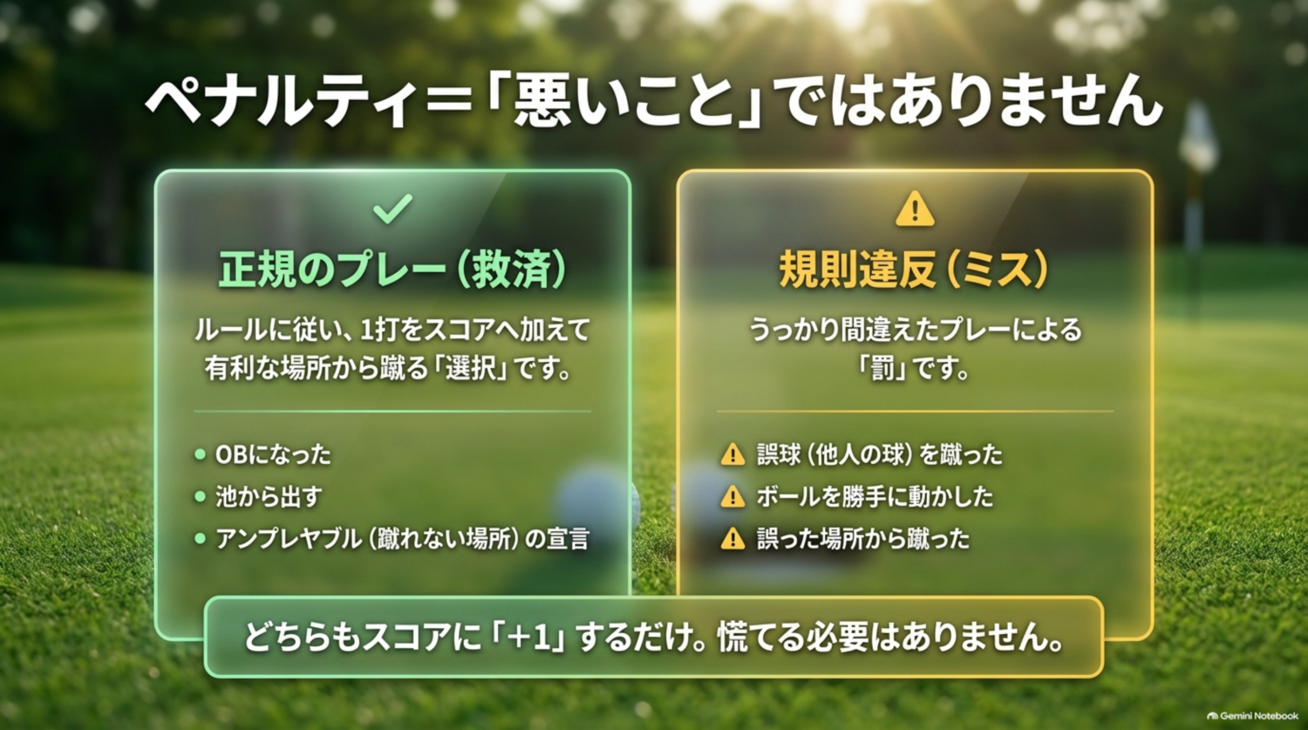 ペナルティ＝「悪いこと」ではありません。正規のプレー（救済）：OBになった、池から出す、アンプレヤブルの宣言。規則違反（ミス）：誤球を蹴った、ボールを勝手に動かした、誤った場所から蹴った。どちらもスコアに+1するだけで、慌てる必要はないという比較図解
