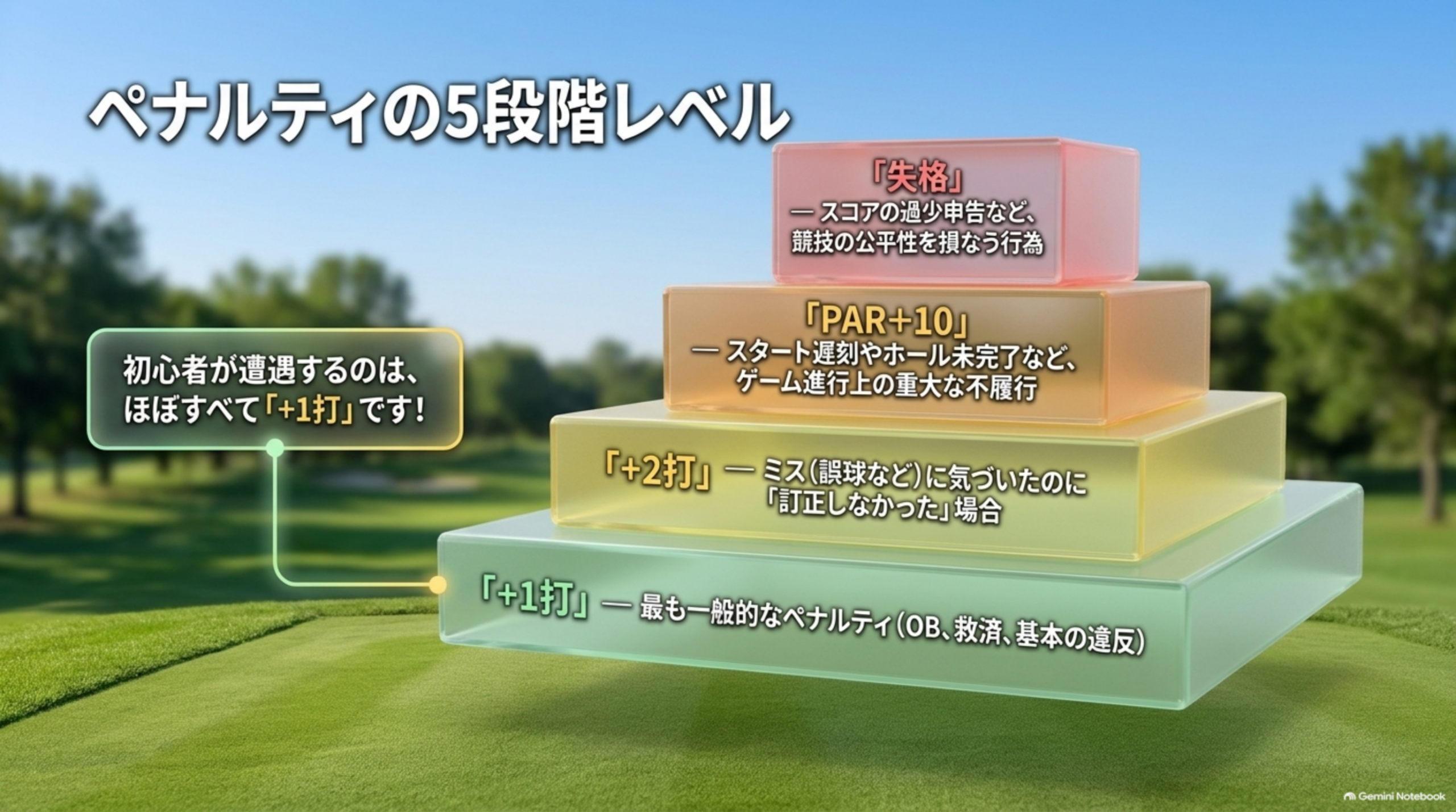 ペナルティの5段階レベル。失格（スコアの過少申告など競技の公平性を損なう行為）、PAR+10（スタート遅刻やホール未完了などゲーム進行上の重大な不履行）、+2打（ミスに気づいたのに訂正しなかった場合）、+1打（最も一般的なペナルティ）という積み重ねの図解。初心者が遭遇するのはほぼすべて+1打です