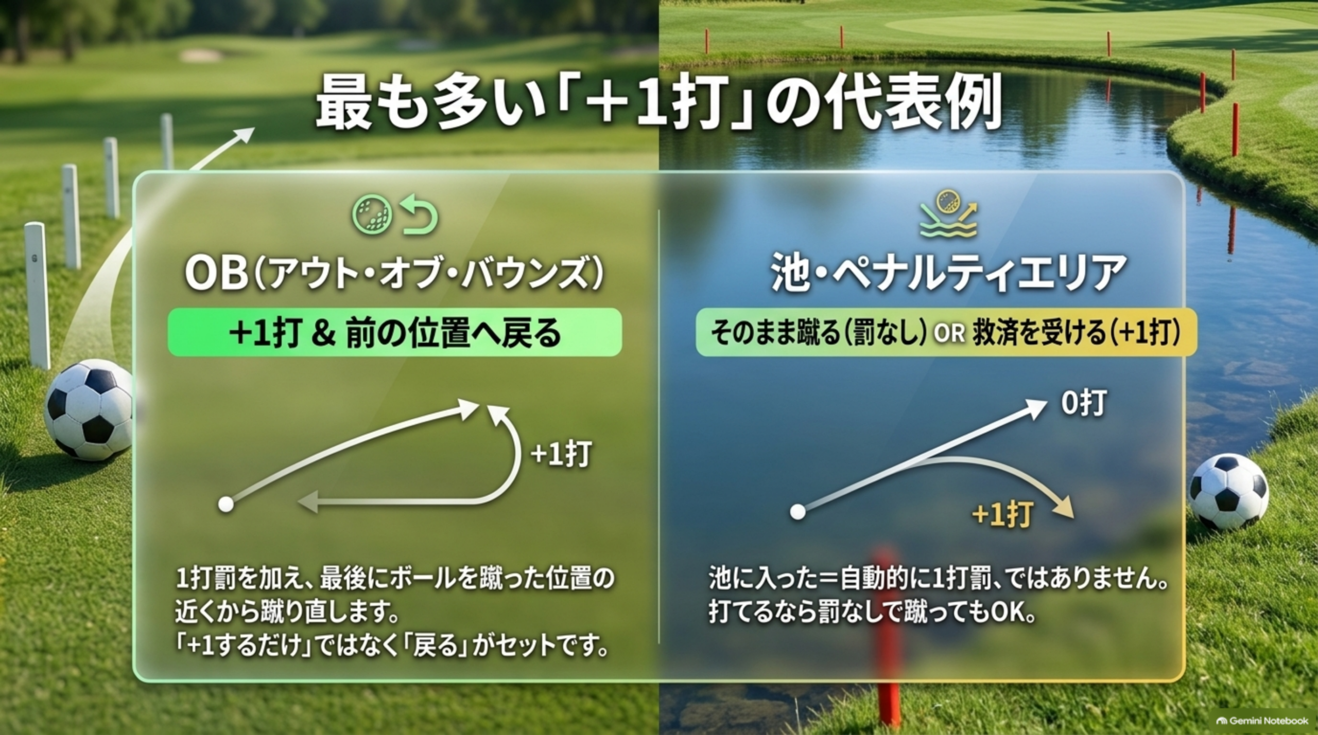 最も多い「+1打」の代表例。OB（アウト・オブ・バウンズ）は+1打＆前の位置へ戻る。池・ペナルティエリアは、そのまま蹴る（罰なし）または救済を受ける（+1打）の比較図解。池に入った＝自動的に1打罰ではない