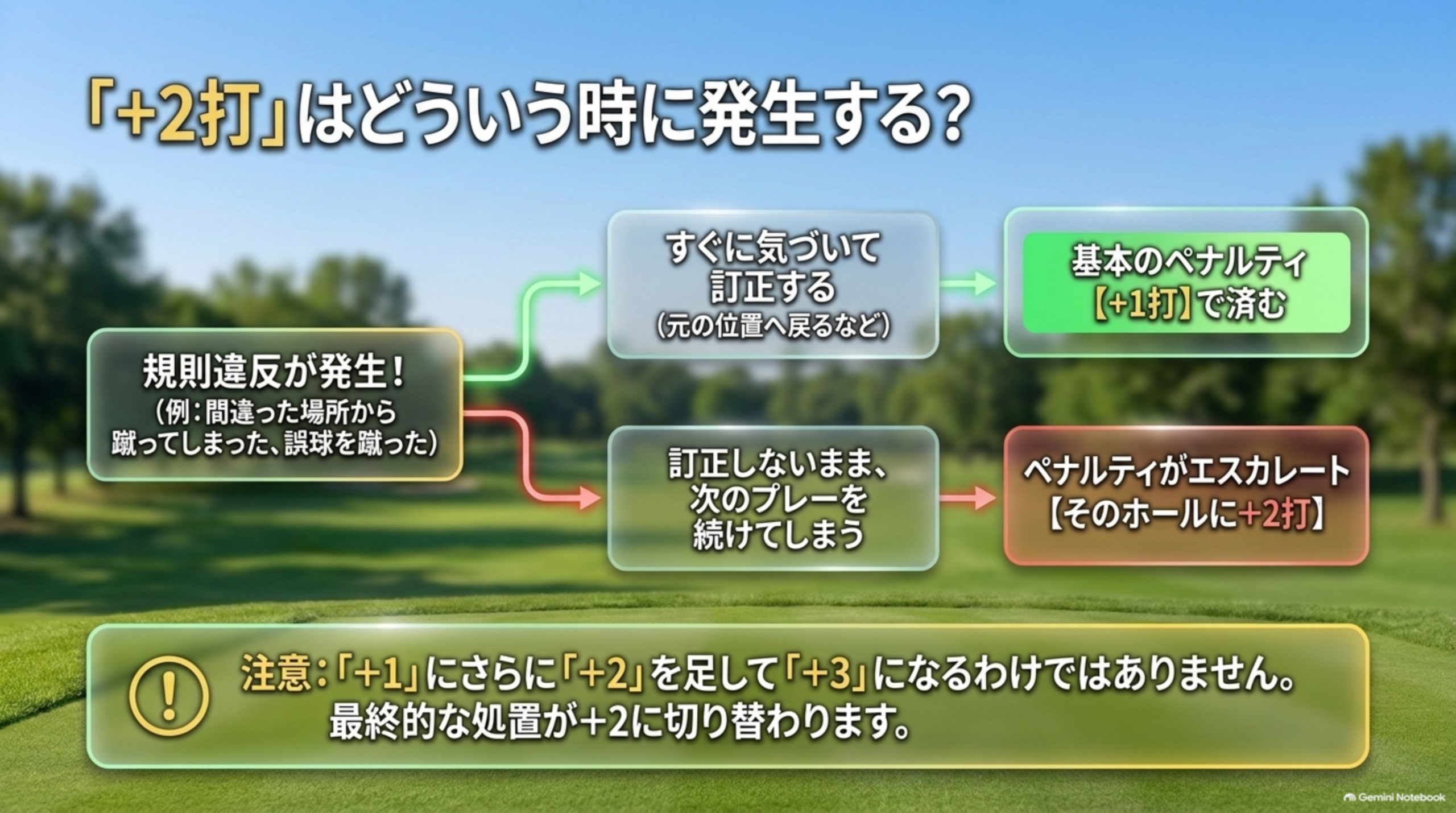 「+2打」はどういう時に発生する？規則違反が発生し、すぐに気づいて訂正すれば基本のペナルティ+1打で済む。訂正しないまま次のプレーを続けてしまうと、そのホールに+2打へペナルティがエスカレートする図解。+1にさらに+2を足して+3になるわけではなく、最終的な処置が+2に切り替わる