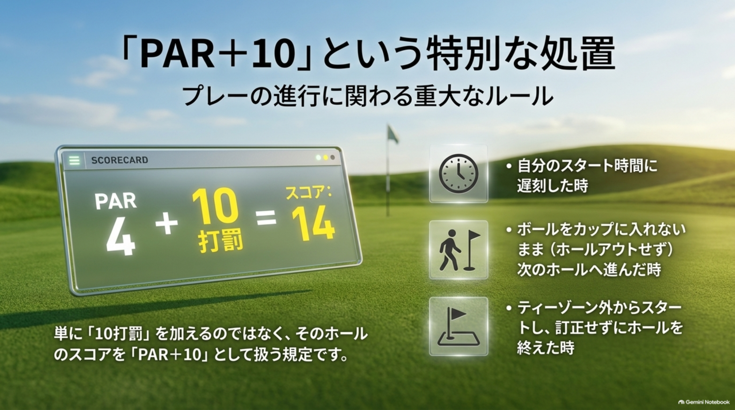 「PAR+10」という特別な処置。プレーの進行に関わる重大なルール。PAR4+10打罰＝スコア14。単に「10打罰」を加えるのではなく、そのホールのスコアを「PAR+10」として扱う規定。自分のスタート時間に遅刻した時、ボールをカップに入れないまま次のホールへ進んだ時、ティーゾーン外からスタートし訂正せずにホールを終えた時に適用