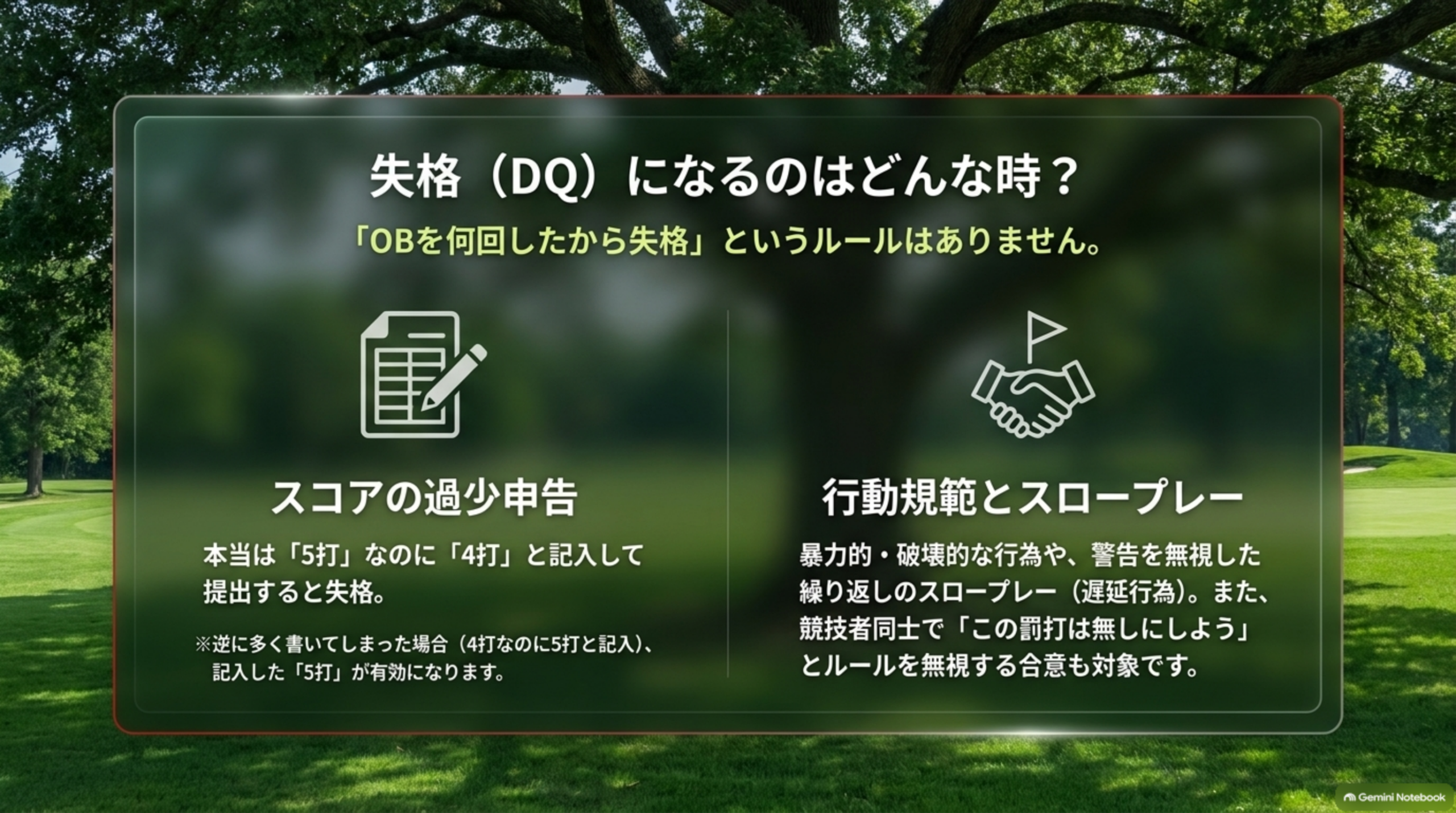 失格（DQ）になるのはどんな時？「OBを何回したから失格」というルールはない。スコアの過少申告：本当は5打なのに4打と記入して提出すると失格（逆に多く書いてしまった場合は記入した5打が有効）。行動規範とスロープレー：暴力的・破壊的な行為や警告を無視した繰り返しのスロープレー、競技者同士での罰打無効化の合意も対象という図解