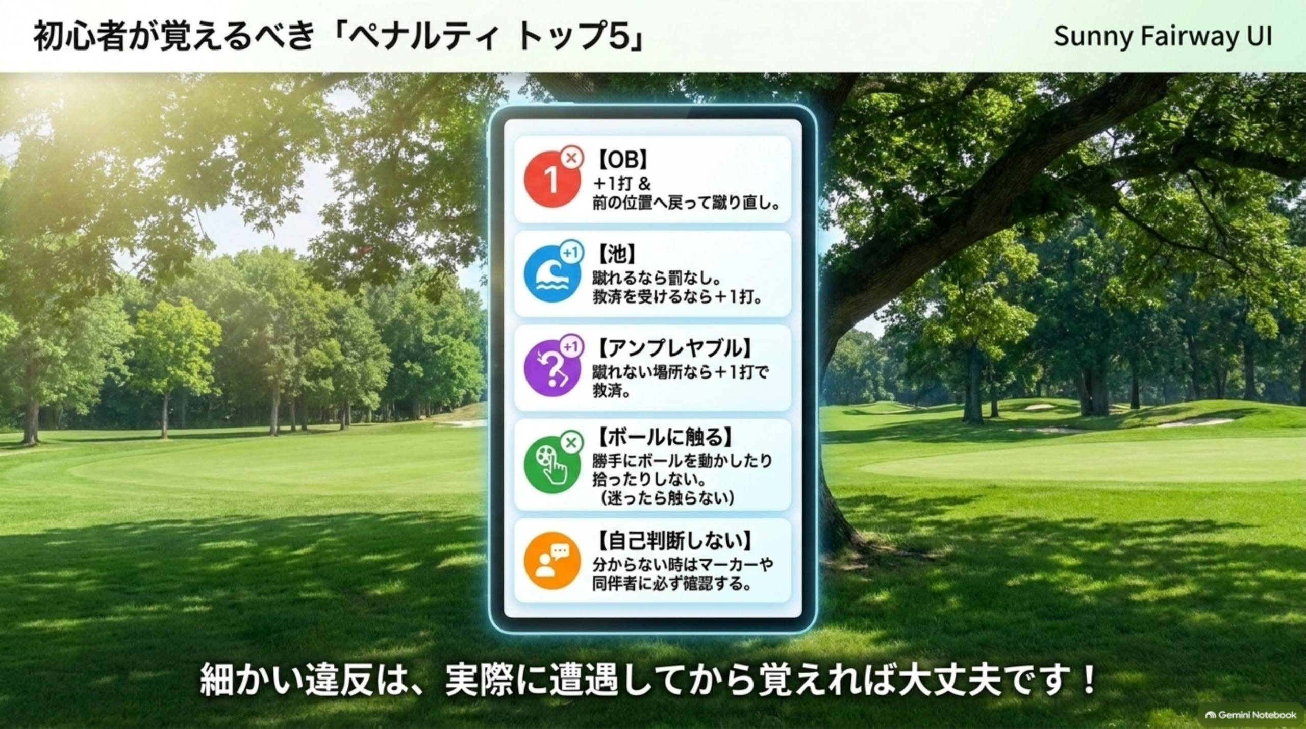 初心者が覚えるべき「ペナルティ トップ5」。1.OB：+1打＆前の位置へ戻って蹴り直し。2.池：蹴れるなら罰なし、救済を受けるなら+1打。3.アンプレヤブル：蹴れない場所なら+1打で救済。4.ボールに触る：勝手にボールを動かしたり拾ったりしない（迷ったら触らない）。5.自己判断しない：分からない時はマーカーや同伴者に必ず確認する。細かい違反は実際に遭遇してから覚えれば大丈夫という図解