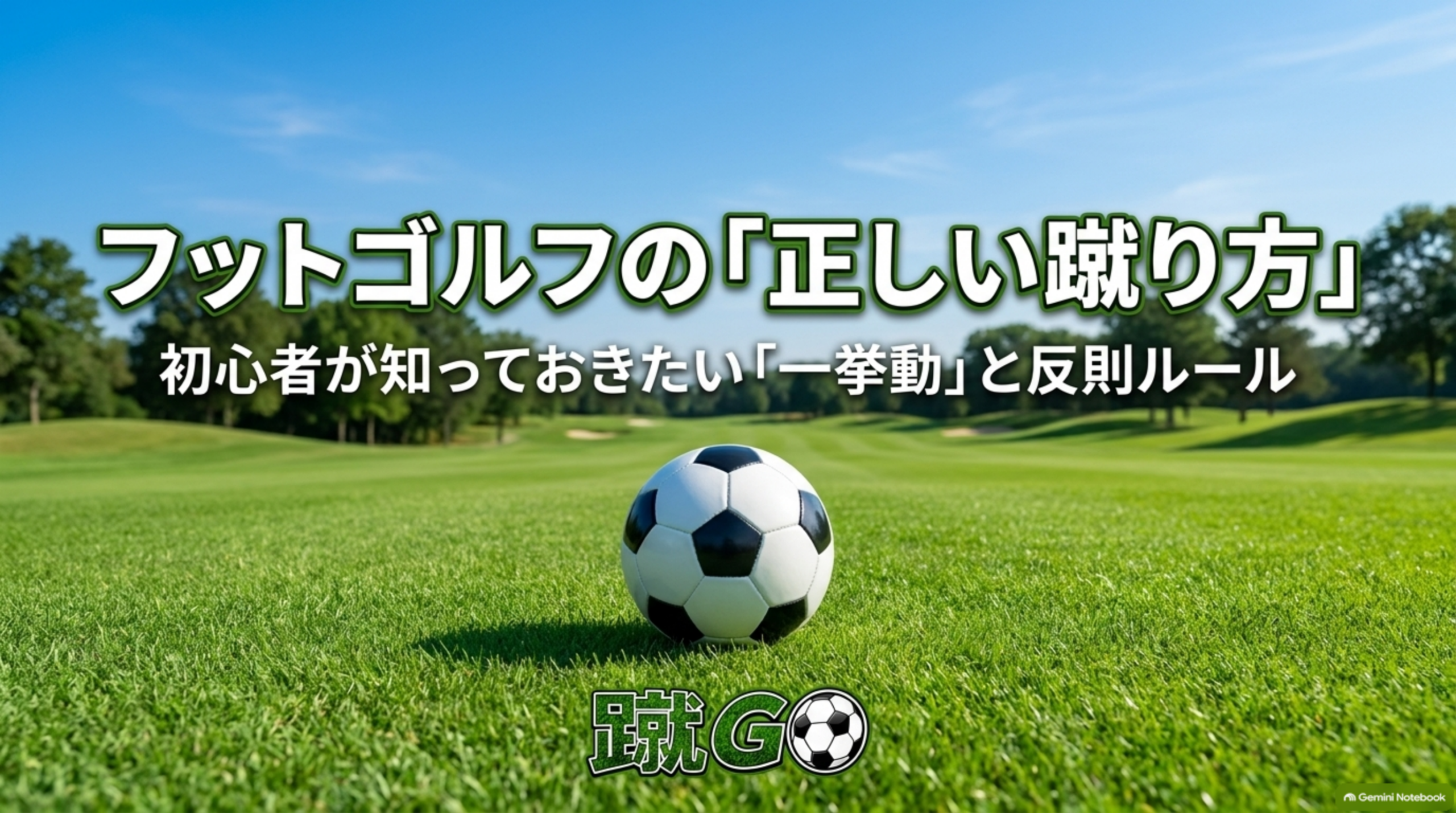 フットゴルフの「正しい蹴り方」。初心者が知っておきたい「一挙動」と反則ルール。芝生の上に置かれたサッカーボールのイメージ