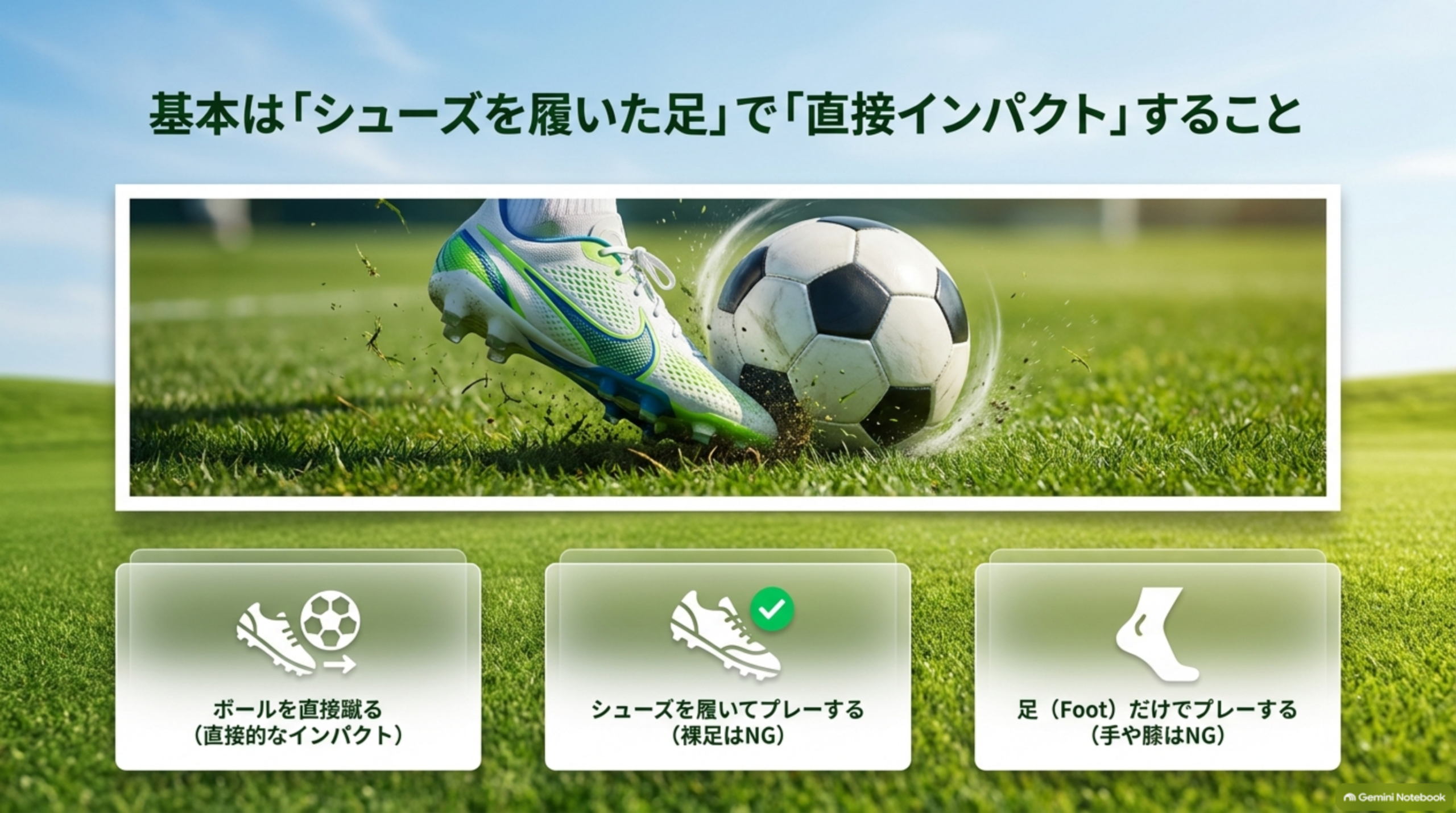 基本は「シューズを履いた足」で「直接インパクト」すること。ボールを直接蹴る（直接的なインパクト）、シューズを履いてプレーする（裸足はNG）、足（Foot）だけでプレーする（手や膝はNG）という3カードの図解
