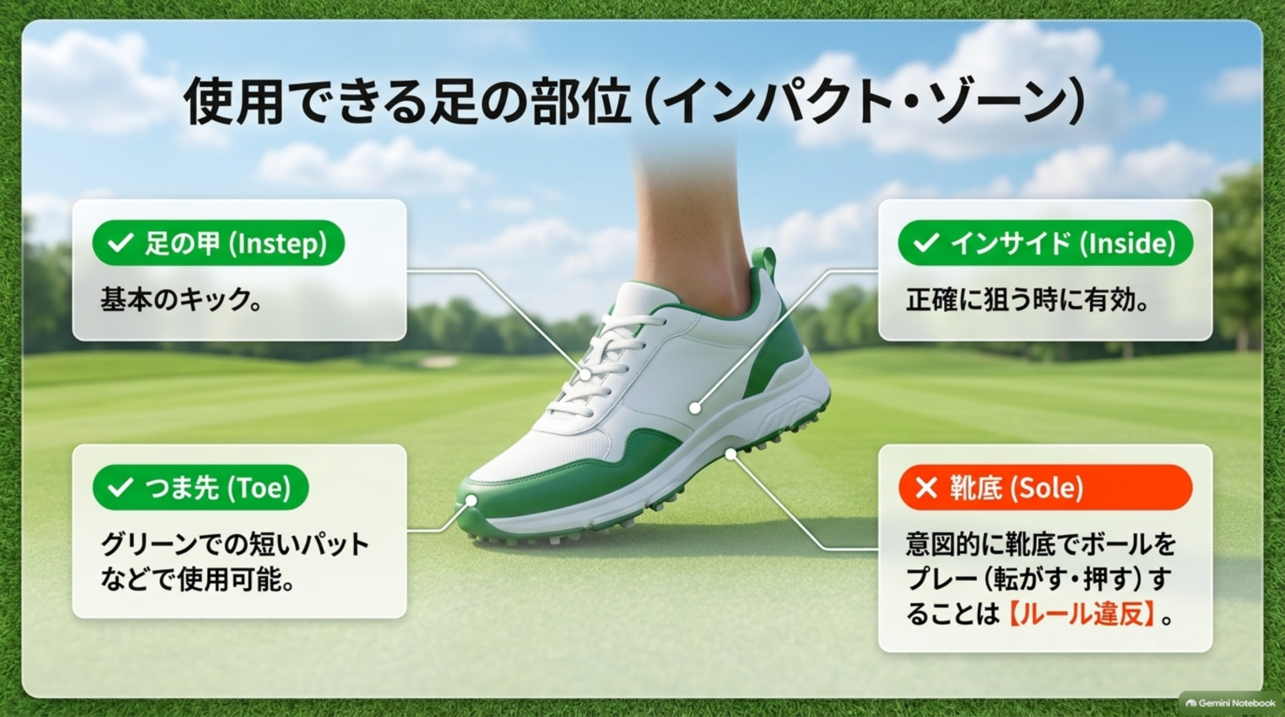 使用できる足の部位（インパクト・ゾーン）。足の甲(Instep)＝基本のキック、インサイド(Inside)＝正確に狙う時に有効、つま先(Toe)＝グリーンでの短いパットなどで使用可能、靴底(Sole)＝意図的に靴底でボールをプレーすることはルール違反、という図解