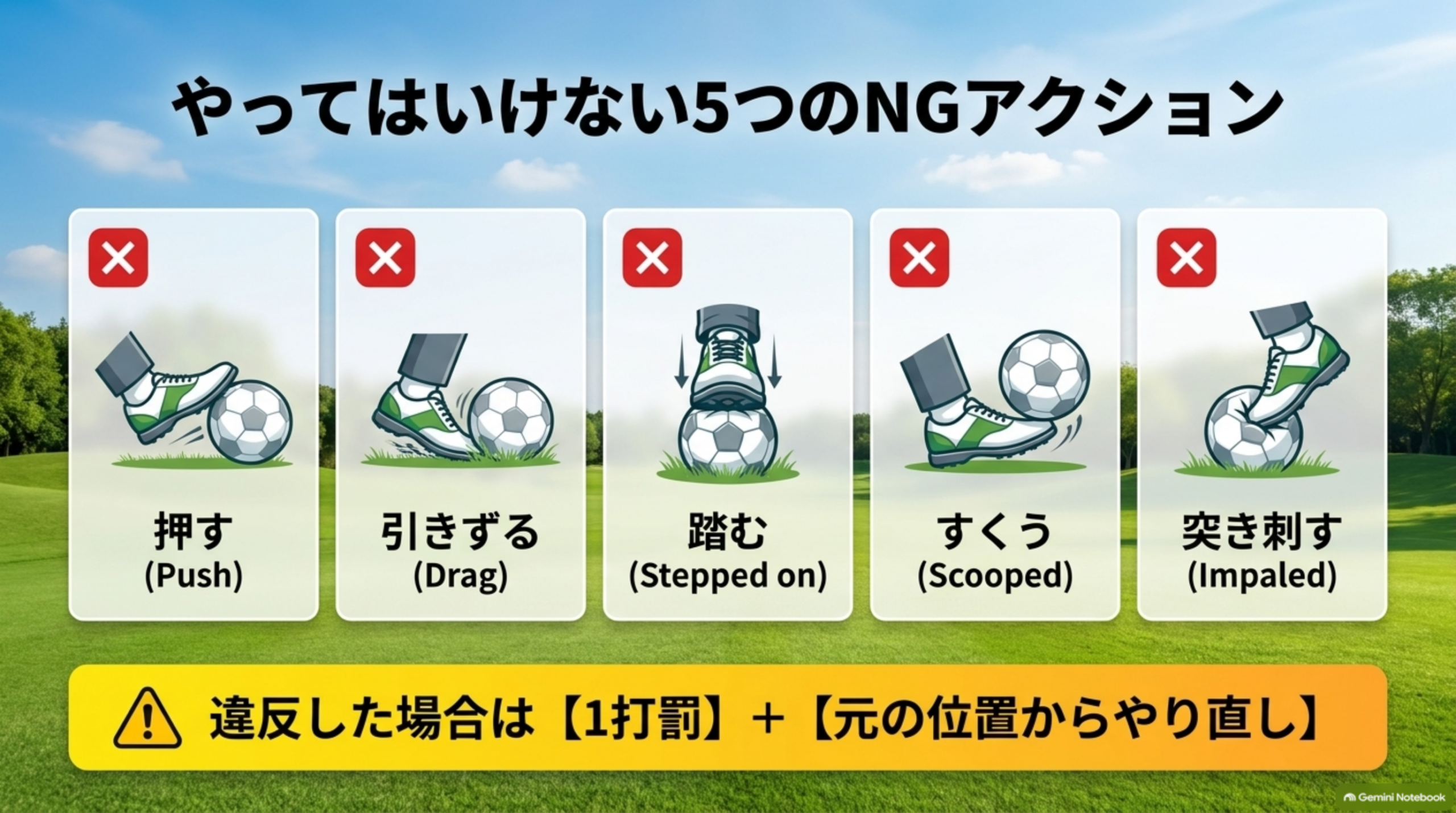 やってはいけない5つのNGアクション。押す(Push)、引きずる(Drag)、踏む(Stepped on)、すくう(Scooped)、突き刺す(Impaled)。違反した場合は1打罰＋元の位置からやり直し、という図解