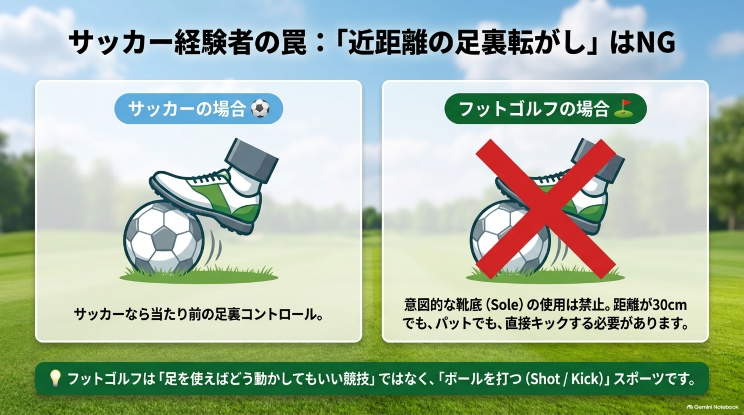 サッカー経験者の罠：「近距離の足裏転がし」はNG。サッカーの場合は当たり前の足裏コントロールだが、フットゴルフの場合は意図的な靴底(Sole)の使用は禁止。距離が30cmでも、パットでも、直接キックする必要があるという比較図解