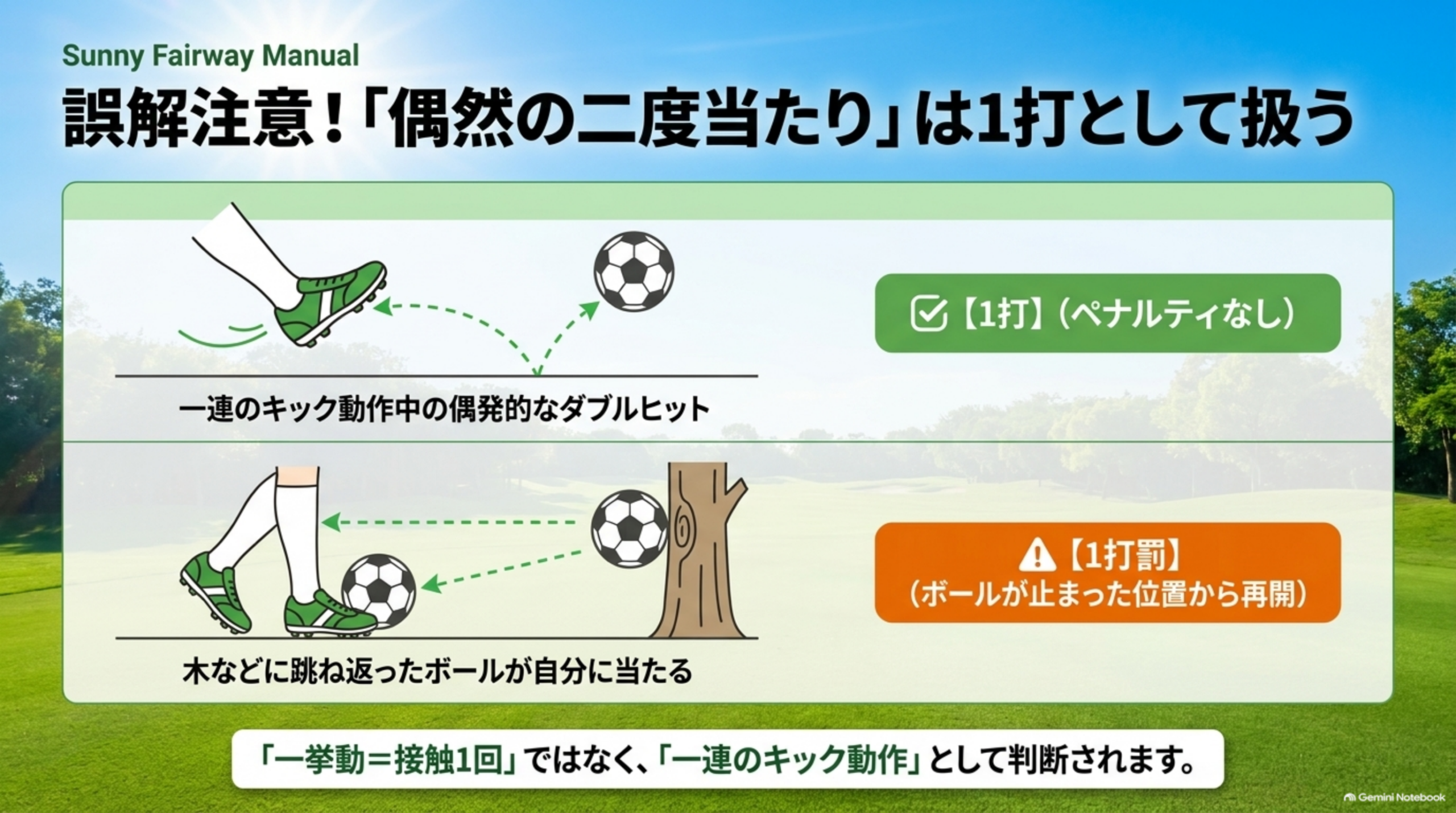 誤解注意！「偶然の二度当たり」は1打として扱う。一連のキック動作中の偶発的なダブルヒットは【1打】（ペナルティなし）、木などに跳ね返ったボールが自分に当たる場合は【1打罰】（ボールが止まった位置から再開）、という比較図解