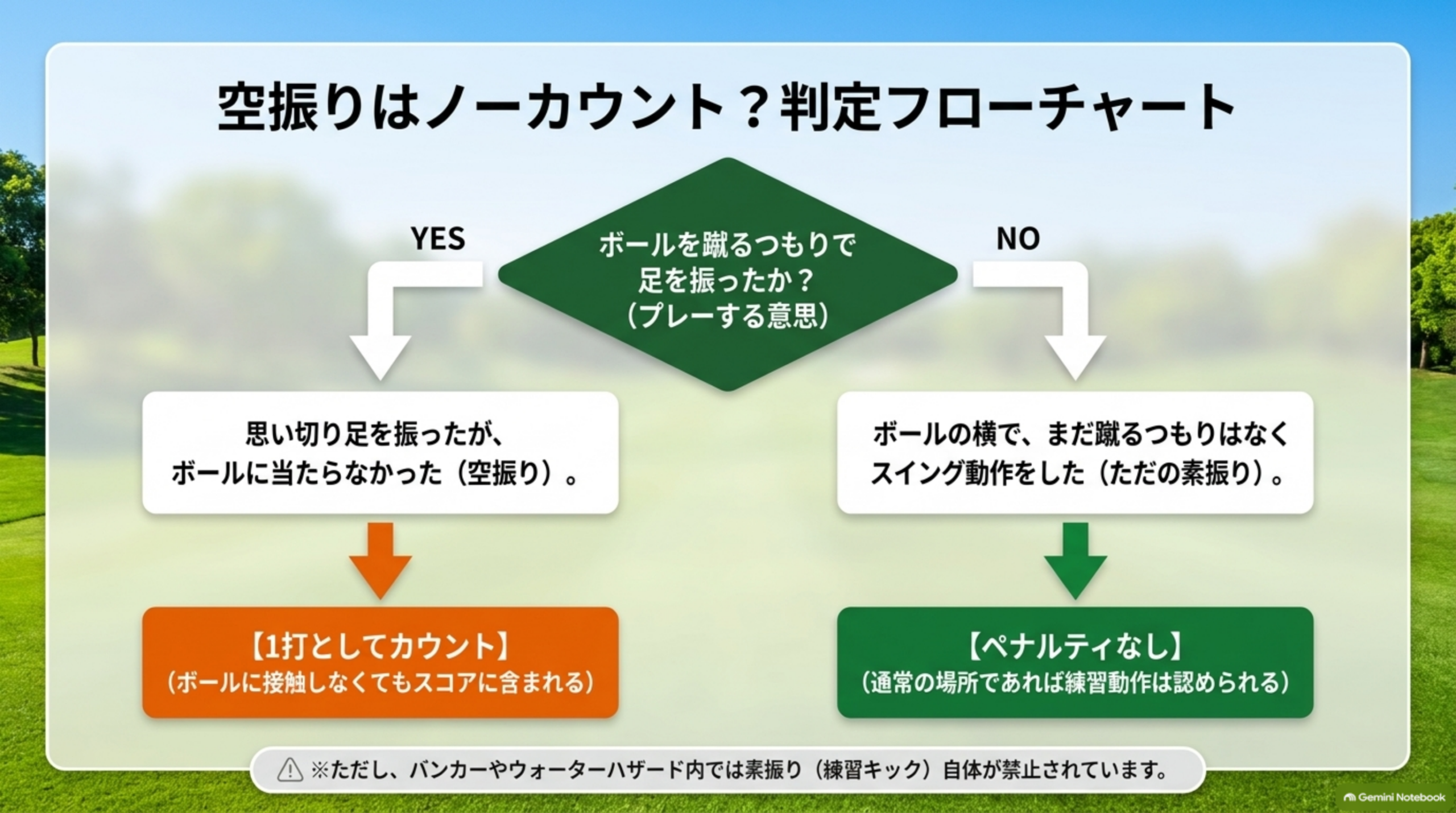 空振りはノーカウント？判定フローチャート。ボールを蹴るつもりで足を振ったか？YESなら【1打としてカウント】、NO（まだ蹴るつもりはなくスイング動作をした＝素振り）なら【ペナルティなし】。ただしバンカーやウォーターハザード内では素振り自体が禁止、という図解