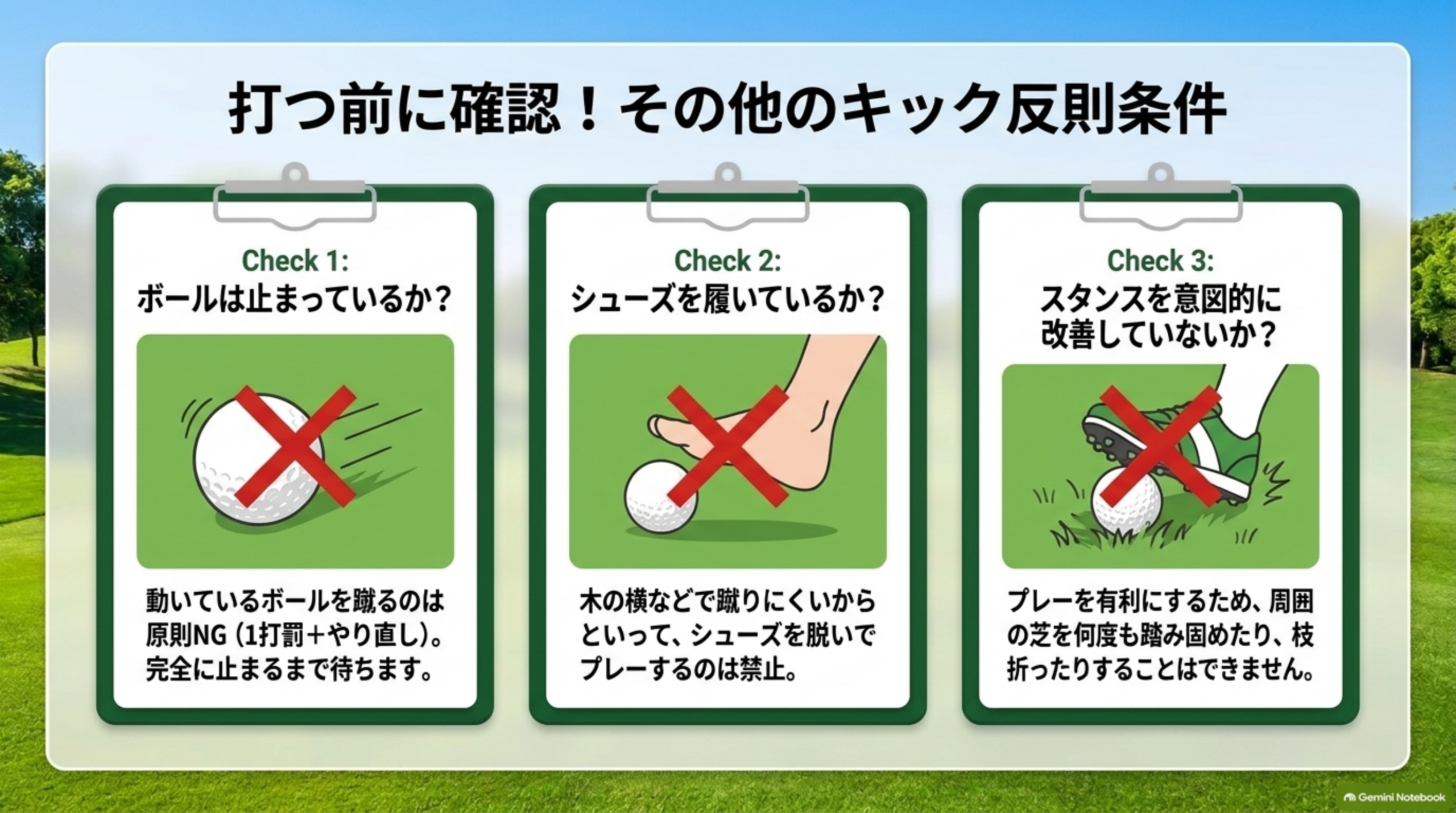 打つ前に確認！その他のキック反則条件。Check1：ボールは止まっているか？（動いているボールを蹴るのは原則NG）、Check2：シューズを履いているか？（裸足でのプレーは禁止）、Check3：スタンスを意図的に改善していないか？（芝を踏み固めたり枝を折ったりできない）という3カードの図解