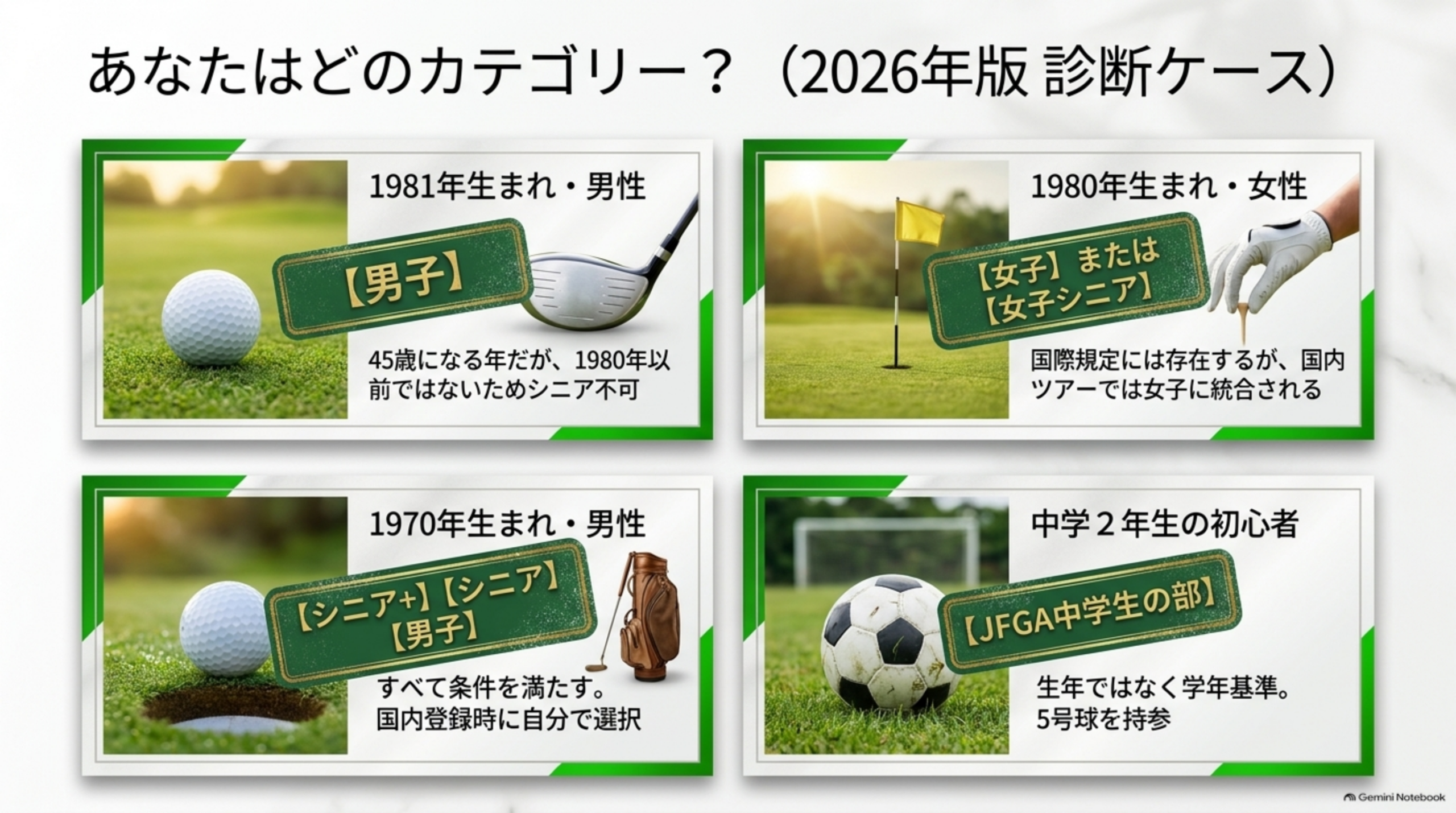 あなたはどのカテゴリー？2026年版の診断ケース。1981年生まれの男性、1980年生まれの女性、1970年生まれの男性、中学2年生の初心者の4例