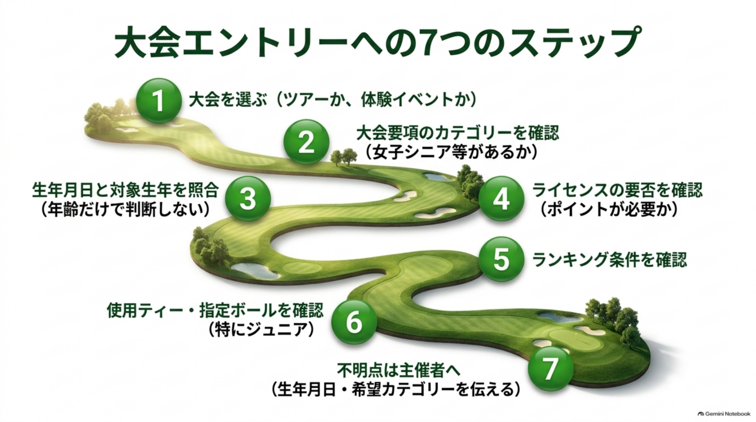 大会エントリーへの7つのステップ。大会を選ぶ、大会要項のカテゴリーを確認、生年月日と対象生年を照合、ライセンスの要否を確認、ランキング条件を確認、使用ティー・指定ボールを確認、不明点は主催者へ