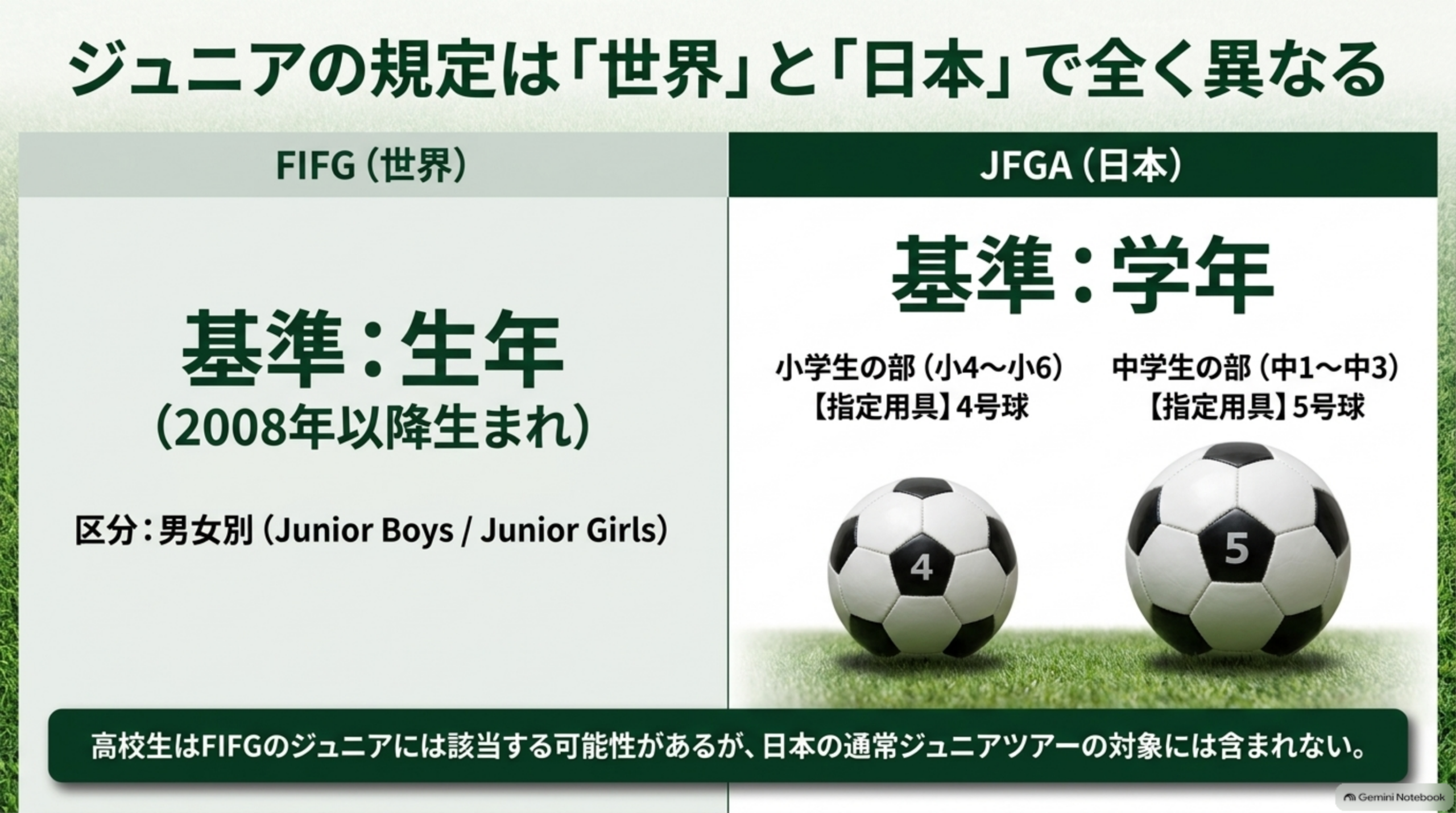 ジュニアの規定は世界と日本で異なる。FIFGは生年（2008年以降生まれ）で男女別、JFGAは学年で小学生の部（4号球）と中学生の部（5号球）