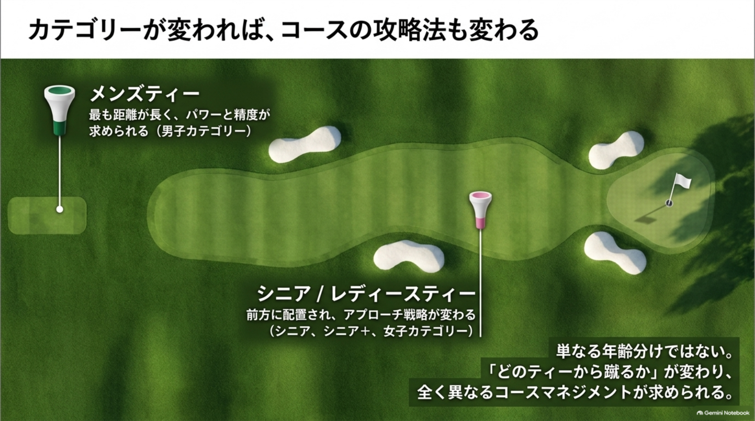カテゴリーが変わればコースの攻略法も変わる。メンズティーとシニア・レディースティーの位置を示したホールの図